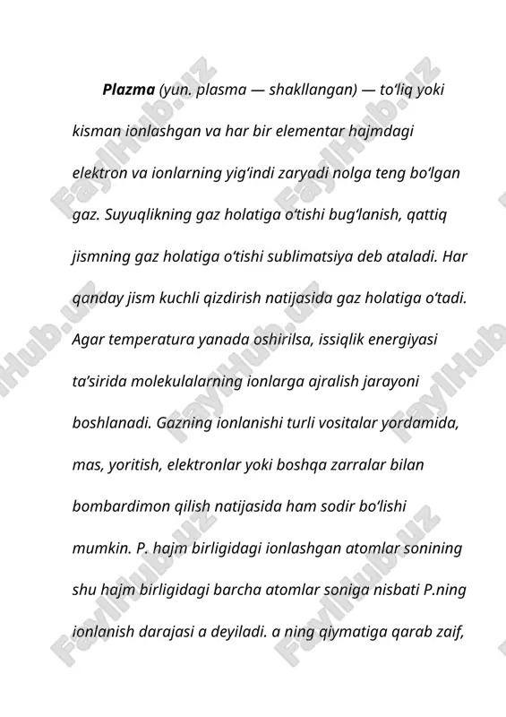 b olingan. zaryadlar orasida oʻzaro taʼsir kuchlari mavjudligi tufayli kuzatilayotgan zaryad atrofiga koʻproq unga teskari ishorali zarralar yigʻiladi va ular q zaryad maydo-nini kuchsizlantiradi. hisoblashlarning koʻrsatishicha, p.dagi q zaryadning potensiali masofa ortishi bilan quyidagi qonuniyat boʻyicha oʻzgarib boradi: bundagi d kattalik temperaturaga, hajm birligidagi zarralar soniga, ularning zaryadiga bogʻliq. jumladan, agar izo-termik p. faqat elektronlardan yoki bir xil zaryadli ionlardan iborat boʻlsa bu yerda elektronlar (yoki ionlar)ning hajm birligidagi soni i orqali va elektron zaryadi ye orqali belgilanadi. r " d boʻlganda, yaʼni d ga nisbatan katta masofalarda zaryadlarning elektr maydoni juda zaiflashadi. bu hodisa zaryad maydonining ekranlanishi, ekranlanishini xarakterlovchi d kattalik esa ekranlanish radiusi yoki debay radiusi deb yuritiladi. mas, vodorod p.sida t=105a’ va ya=1016sm"3 ekan, debay radiusi £>=1,5-10~5 sm. radiusi d ga teng sfera ichidagi barcha zaryadli zarralarning soni debay soni deyiladi. debay soni katta boʻlgandagina p.ni gaz deb hisoblash mumkin. p.ning asosiy xususiyati shundan iboratki, undagi musbat …