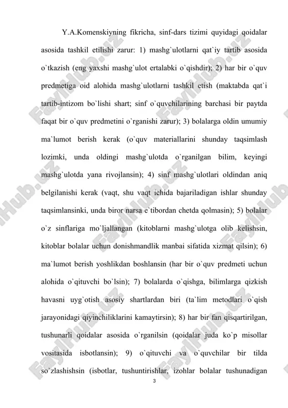 aydigan bilimlar o`rgatilmasin). ishlab chiqarish kuchlarining rivojlanishi, yangi ijtimoiy munosabatlarning paydo bo`lishi va ijtimoiy-gumanitar bilimlarga ehtiyojni o`z paytida payqagan y.a.komenskiy sinf-dars tizimini asosladi. sinf-dars tizimi o`z vaqtida yaratilgan bo`lsa-da, u maktablar amaliyotidan juda syokinlik bilan o`rin ola boshladi. eski o`zbek maktabi tarixining yetuk tadqiqotchisi y.a.abdullayevning uqtirishicha, sinf-dars tizimi o`rta osiyo maktablariga xix asrning oxiri xx asrning boshlarida rus-tuzem maktablari orqali kirib kela boshladi. bell-lankaster tizimi. sinf-dars tizimiga ko`ra, har bir sinfda 50-60 o`quvchi o`qirdi. bunda yoshlarni o`qitish ancha qimmatga tushurdi. bolalarga umumiy elementar ma`lumot berish (ularni o`qiy oladigan, yoza biladigan, hisoblay oladigan qilish) va bir o`qituvchi rahbarligida imkoniyati yetguncha ko`proq o`quvchini to`plash ehtiyoji tug`ilda. shu ehtiyojga ko`ra xix asrning oxiri xx asrning boshlarida anglyada bell-lankaster tizimi paydo bo`ldi. uning asoschisi ruhoniy a.bell, o`qituvchi d.lankasterlar edi.bell-lankaster tizimiga ko`ra, katta xonada (zalda) 600 tagacha o`quvchi to`planardi. barcha o`quvchiga bitta o`qituvchi dars berardi. kichik o`quvchilarni o`qish, yozish, hisoblashga o`rgatish katta yoshli, puxta tayyorgarlikka …
