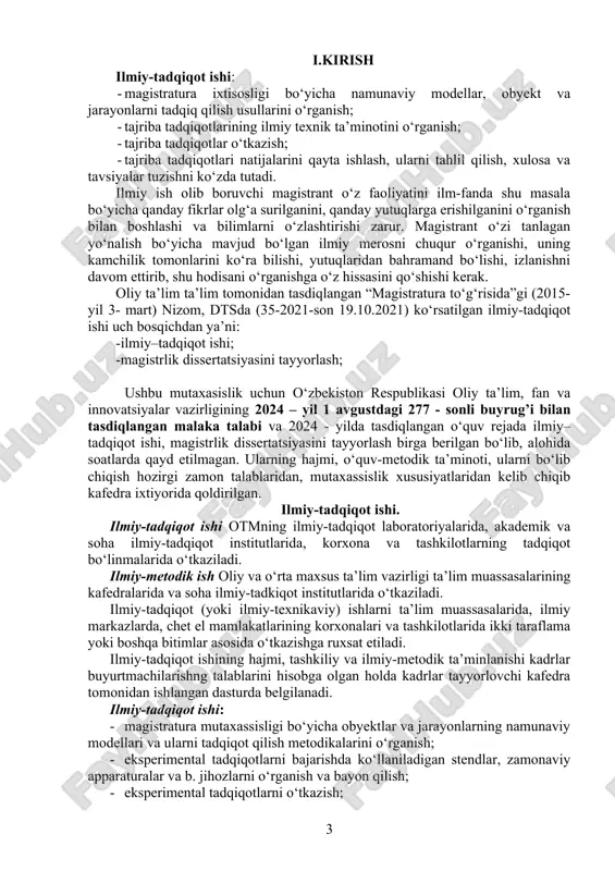 ularni tadqiqot qilish metodikalarini o‘rganish; · eksperimental tadqiqotlarni bajarishda ko‘llaniladigan stendlar, zamonaviy apparaturalar va b. jihozlarni o‘rganish va bayon qilish; · eksperimental tadqiqotlarni o‘tkazish; · eksperimental tadqiqotlar natijalariga ishlov berish, ularni tahlil kilish, xulosalar chiqarish va tavsiyalarni ishlab chiqish; · amaliy dasturlar paketi va ma’lumotlar bazalarini tuzishni nazarda tutadi. ilmiy-metodik ish: · mutaxassislik ilmiy-metodik mavzusi bo‘yicha ilmiy tadqiqotlarni o‘tkazish, holatini tahlil qilish; · o‘rganilayotgan mavzu bo‘yicha o‘quv maksadlarini shakllantirish; · mavzu bo‘yicha o‘qitishni texnologiyalashtirish variantlarini ko‘rib chiqish va aniq variantini tanlash; · aniq variant bo‘yicha o‘qitish texnologiyasini ishlab chiqish; · talabalarni o‘qitadigan va ularning bilimini nazorat qiladigan avtomatlashtirilgan dasturlarni ishlab chiqish; · o‘quv jarayonida hamda talabalarning o‘quv ilmiy-tadqiqotlarida axborot-kommunikatsiya texnologiyalardan foydalanishni nazarda tutadi. ii. magistrlik dissertatsiyasining tuzilishi va uning mazmuniga qo‘yiladigan talablar magistrlik dissertatsiyasi quyidagi tarkibiy qismlardan iborat bo‘lishi kerak: 1. titul varaq; 2. ikki tilda (o‘qitish tili va ingliz tilida) magistrlik dissertatsiyasining qisqacha annotatsiyasi; 3. mundarija; 4. kirish; 5. …