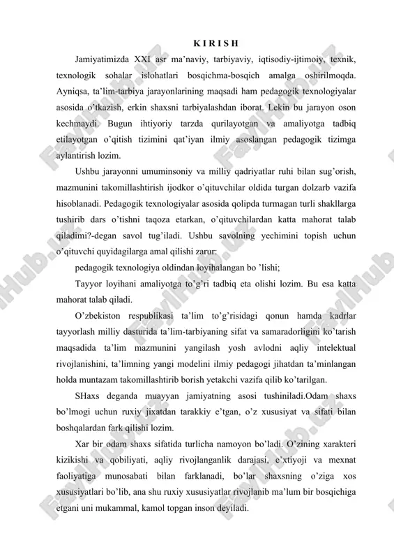h; · fizik tushuncha, hodisa va qonunlarning o’qitish ketma-ketligida oddiydan murakkablikka qarab borish tizimini saqlash; · oliy o’quv yurtiga kirish uchun zaruriy bilim, ko’nikma va malakalar bilan qurollantirish; · o’qituvchilar tomonidan ta’lim berish jarayonining bir me’yorda bo’lishiga erishish; · o’qituvchining ish rejalarini tartibga tushirishdan iboratdir. i. bob. o'qitishga texnologik yondashuvni vujudga kelishi va rivojlanishi 1.1. pedagogik texnologiyaning nazariyasoslari pedagogik texnologiya deb ta’lim jarayonini samaradorligini oshirishga, ta’lim oluvchilarning rejalashtirilgan natijalarga erishishni ta’minlashga qaratilgan texnologiyaga aytiladi. aslida “pedagogik texnologiya” iborasi ingliz tilidagi “aneducational technology” - “ta’lim texnologiyasi”dir. o’quv jarayoniga texnologiyani kiritishga urinishlar o’tgan asrning 50- yillarigacha ular bir texnik muhit - an’anali ta’limning avtomatlashtirilgan vositalar jamlamasini yaratishga qaratilgan. 50-yillarda esa aynan o’quv jarayonini tashkil etishda yangicha texnologik yondashish payodo bo’ldi. birinchi yo’nalish ham yangi informatsion texnologiyalarni o’zlashtirish yo’lida rivojlanib bormoqda. ikkala yo’nalish tobora bir-biriga kirishib, ta’lim nazariyasini yangilamoqda. aytish joizki, hozirgi kunda ta’lim texnologiyasi tushunchasini keng ma’noda tushunish mumkin, ham pedagogik fan …