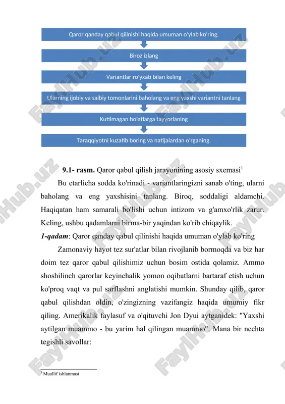 o'rganmaysiz. · bu haqda o'ylashga qancha vaqt sarflashim kerak? hayot ahamiyatsiz narsalar haqida qayg'urishga sarflash uchun juda qadrlidir. ichkilikni haddan tashqari ko'p iste'mol qilish, bu etarli darajada o'ylamaslik kabi gunohdir! · asosiy masala nima? eng muhim qaror qaysi? ba'zi qarorlar boshqalarga bog'liq va asosiy qarorlar birinchi navbatda bo'lishi kerak. masalan, pulingizni qanday qilib sarmoya kiritishga qaror qilishdan oldin, avval qancha mablag 'sarflashingiz va qancha tavakkal qilishingiz mumkinligi to'g'risida qaror qabul qilishingiz kerak. · qarorimga salbiy ta'sir ko'rsatadigan narsa bormi? qarorlar bir tomonlama bo'lishi mumkin. hozirgi vaziyatda sizning ob'ektivligingizga ta'sir qilishi mumkin bo'lgan biron bir narsa bor-yo'qligini o'ylab ko'ring. hissiyot paytida katta qarorlar qabul qilish odatda yaxshi fikr emas. imkoningiz bo'lsa, qarorni qoldiring yoki keyinroq xotirjamroq bo'lganingizda qarorni bajaring. 2-qadam: bir oz tadqiq qiling ma'lumot odatda yaxshiroq qaror qabul qilishimizga yordam beradi. internet asrida xarid qilishni o'ylab ko'ring. qimmatbaho buyumni sotib olishdan oldin, onlayn tekshiruvlarni tekshirib, narxlarni taqqoslash yaxshi fikr. boshqa …