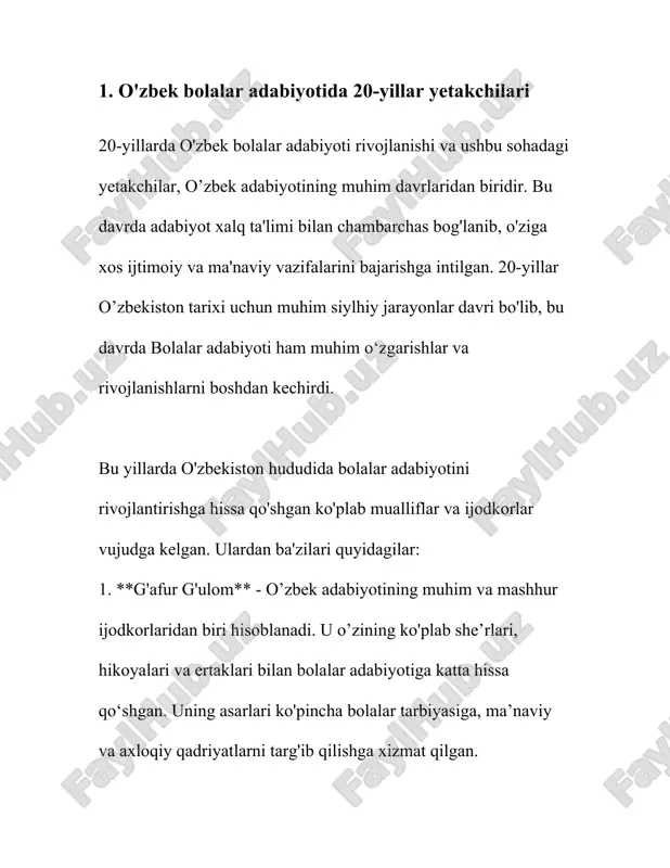 oti shakllanish, rivojlanish va mazmun jihatidan boyib bordi. 1. **tarbiyaviy va ma’rifiy mavzular**: 20-yillarda bolalar adabiyotida tarbiyaviy mavzular alohida o‘rin egalladi. shoirlar va yozuvchilar bolalarga yaxshi xulq-atvor, ota-onaga, kattalarga hurmat, mehnatsevarlik kabi qadriyatlarni singdirishga intildilar. ushbu mavzular bolalarni jamiyatning foydali a'zolari sifatida tarbiyalashni maqsad qilgan. 2. **vatanparvarlik va milliy ong**: bu davrda vatanparvarlik, milliy ongni rivojlantirishga yo‘naltirilgan asarlar ko‘paydi. bolalarga o‘zbekistonning tarixiy merosi, qadriyatlari, milliy urf-odatlarni o‘rgatuvchi asarlar muhim o‘rin tutdi. vatan sevgisi, milliy identitetni shakllantirish bolalar adabiyotining asosiy vazifalaridan birovi sifatida qaraldi. 3. **ilm-fan va texnika yutuqlari**: 20-yillarning bolalar adabiyotida ilm-fan va texnikaning rivojlanishi bilan bog‘liq mavzular ham o‘rin oldi. o‘quvchilarga zamonaviy texnika yutuqlarini, ilm-fan yangiliklarini sodda va qiziqarli uslubda yetkazish maqsad qilindi. bolalarda fanga qiziqish uyg‘otish, bilimdonlikka intilishni shakllantirishga intilindi. 4. **tabiatga mehr-muhabbat**: bolalarni tabiatni sevishga, uni asrab-avaylashga, ekologik ongni rivojlantirishga yo‘naltirilgan asarlar ham muhim mavzulardan biri edi. bu asarlar orqali bolalarda tabiatga mehr, hayvonot va o‘simliklar dunyosiga …