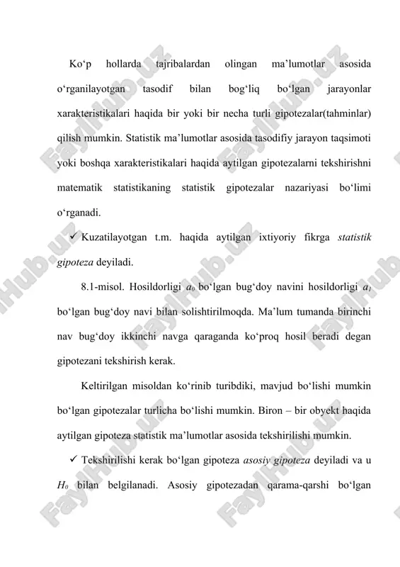 sh mumkin. - tanlanma o‘rta qiymat θ0 va - parametrlik normal qonun bo‘yicha taqsimlangani uchun bu yerda - laplas funksiyasi. tanlangan ixtiyoriy ehtimollik uchun, , tengliklar bajariladigan cα soni har doim mavjud. demak, neyman – pirson teoremasining barcha shartlari qanoatlantiriladi. shu teoremaga asosan t. e. q. alomat mavjud va uning kritik to‘plami quyidagicha aniqlanadi. , mana shu alomatning quvvatini hisoblaylik. alternativ h1 gipotezaga ko‘ra - tanlanmaning o‘rta qiymati θ1 va - parametrli normal qonun bo‘yicha taqsimlangandir. u holda (1) (1) munosabatdan ikkinchi tur xatolik ekanligi kelib chiqadi. endi quyidagi masalani ko‘raylik. aliomatning qiymatdorlik darajasi α ga teng bo‘lganida, ikkinchi tur xatolik β ga teng bo‘lishi uchun nechta kuzatilma kerak?; ya’ni tanlanmaning hajmi qanday bo‘lishi kerak? kerakli n soni topish uchun ikkita tenglamaga egamiz. bular va (2) φ(y)=p tenglamaning yechimini ko‘raylik. bu tenglamaning yechimi yp normal qonunning p – chi kvantili deyiladi. u holda (2) ga asosan . oxirgi ikki tenglikdan …