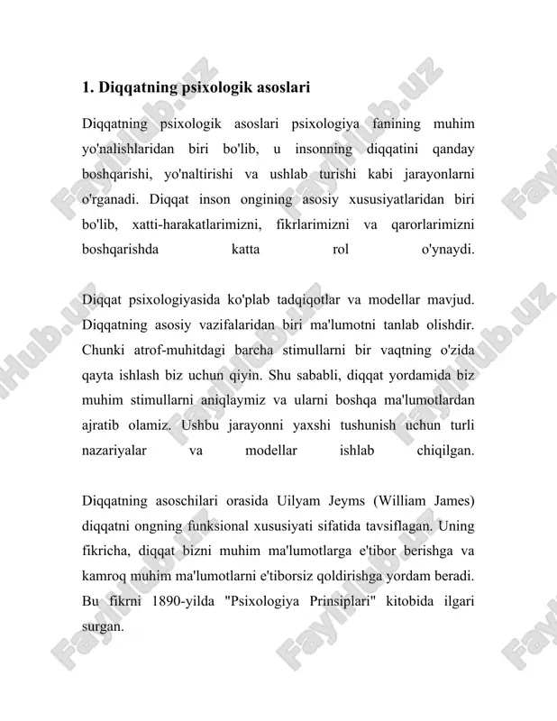ning rivojlanish bosqichlari diqqatning rivojlanish bosqichlari, insonning aqliy qobiliyatlari ichida muhim o‘rin egallaydi. bu jarayon insonning yoshiga qarab turli bosqichlarda rivojlanadi va har bir bosqich o‘ziga xos xususiyatlar bilan tavsiflanadi. birinchi bosqich, taxminan 0-2 yosh oralig‘ida kuzatiladi. bu davrda bola diqqatning dastlabki belgilari namoyon bo‘la boshlaydi. bolalar to'g'ridan-to'g'ri ta'sirlarga javob beradi va diqqatni ushlab turish qobiliyati juda qisqa muddatli bo'ladi. ushbu davrda diqqatning davomiyligi o'rtacha 3-5 soniyani tashkil etadi. bolalar vizual va eshitish stimullari orqali diqqat saqlashga harakat qiladi. ikkinchi bosqich 2-5 yosh oralig‘ida namoyon bo'ladi. ushbu bosqichda bolalar diqqatini ancha uzoqroq vaqtga qaratishga qodir bo'ladi. diqqat asosan o'yin faoliyatida shakllanadi. bolalar bu davrda bir narsaga diqqatini qaratib, uni 5-10 daqiqa davomida ushlab turishi mumkin. diqqat barqaror bo'lib boradi va kuzatuvchanlik oshadi. biroq, halaqit beruvchi omillar hali ham diqqatni tezda chalg'itishi mumkin. uchinchi bosqich 5-7 yoshni o'z ichiga oladi. ushbu yoshda maktabga tayyorgarlik davri boshlanadi. bolalar diqqatni undan uzoqroq vaqt …