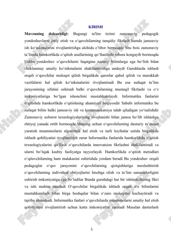 hamkorlikda o‘qitishni rejalashtirish va amalga oshirishda innovatsion texnologiyalar va raqamli vositalardan foydalanish ta’lim jarayonini yanada samarali qiladi masalan onlayn platformalar va dasturiy vositalar yordamida o‘quvchilar bir-birlari bilan masofadan turib hamkorlik qilishi mumkin shuningdek virtual laboratoriyalar simulyatsiyalar va o‘yinlashgan o‘qitish usullari informatika fanlarini o‘qitishni qiziqarli va interaktiv qiladi bu esa o‘quvchilarning fanga bo‘lgan qiziqishini oshiradi va bilimlarni samarali o‘zlashtirishga ko‘maklashadi kurs ishining maqsadi: informatika fanlarini o‘qitishda hamkorlikda o‘qitishning metodologik asoslarini chuqur o‘rganish, uning ta’lim jarayonidagi ahamiyatini aniqlash, shuningdek, o‘quvchilarning bilim olish faoliyatini yanada samarali qilish uchun zamonaviy va innovatsion metodlar hamda texnologiyalarni ishlab chiqishdan iborat. ushbu ish informatika fanlarida hamkorlikda o‘qitishning nafaqat nazariy asoslarini yoritib beradi, balki uning amaliyotdagi qo‘llanilishi bo‘yicha tavsiyalar ham ishlab chiqadi. hamkorlikda o‘qitish informatika fanlarini o‘rganishda o‘quvchilarning tanqidiy fikrlash, muammolarni hal etish va jamoada ishlash qobiliyatlarini rivojlantirishda muhim ahamiyatga ega. informatika sohasida, xususan, dasturlash, algoritmlarni tuzish va ma’lumotlar tahlili kabi yo‘nalishlar jamoaviy faoliyatni talab qiladi. shu sababli, …
