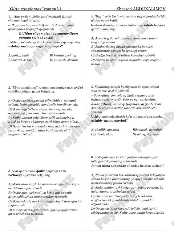 qarindoshlar-barchasi o'sha yerda yashashadi. b) chunki ishini jon-u dilidan sevadi va undan ayrilgisi kelmayotganidan c) chunki ular ko'chib borayotgan shahar bu yerdan ancha olisda, u yerga kamida 1 oylar yo'l yurib, keyin yetish mumkin edi. d) xotini sog'lom edi, shu sababli ko'chishga, "katta doktorlar"ha ko'rsatishga ham ehtiyoj yoʻq edi. 10. asar qahramoni sodiq tog'risidagi to'g'ri hukmlarni toping. 1. sodiq bir qancha maqsadlar bilan boshqa shaharga ko'chmoqchi edi, shuning uchun maktabdagi ba'zi hamkasblari bilan xayrlashib keladi. 2. farzandsizligini hech kimga bildirmaslikka urinadi, ba'zida jannat ham uning bu fe'lini to'g'ri tushunganidan hech narsa demaslikni ma'qul ko'radi . 3. ko'chishdan bir haftalar oldin ukasi bilan borib, uy-joy taraddudini ko'radi. 4. u bosmachilarga bo'lgan qahr-g'azabini oyisiga ochiq-oydin aytadi. a) 3,4 b)2,3 c) 1,3 d) faqat 3 11. sodiqning ikkita o'rtog'i ularni poyezdga kuzatib qo'ydi, adolat xola biroz xomush, jannatning ko'zida yosh miltillardi. ushbu parchaga mos mazmun qaysi javobda keltirilgan? a) sodiq ukasi bilan qaysidir …