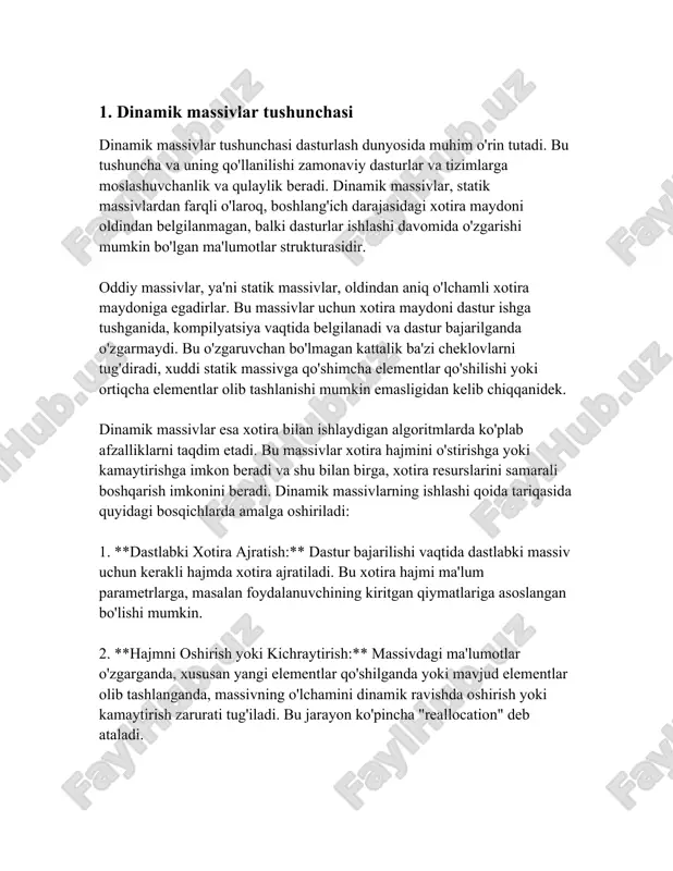 ar strukturalaridan biri hisoblanadi. bu tushuncha dasturchilarga keng qamrovli va moslashuvchan dasturiy ta'minotni yaratib, ishlab chiqish imkonini beradi, sayohat qayerga xohlasangiz ham. 2. dinamik massivlar yaratish dinamik massivlar — dasturlashda ma'lumotlarni saqlash va ularga ishlov berish usullaridan biri bo'lib, ular dastur ishlash jarayonida hajmini o‘zgartirishi mumkin bo‘lgan tuzilmalardir. statik massivlardan farqli o‘laroq, dinamik massivlar dastur ishlash vaqtida kerakli hajmga o‘sishi yoki kamayishi mumkin. bu ularga ma'lumotlar jadvallari yoki kolleksiyalari bilan ishlashda katta qulaylik tug‘diradi. dinamik massivlarning asosiy afzalliklaridan biri – ular hajmini dastur ish vaqtida o‘zgartira olish qobiliyatidir. bu dinamik massivlar, asosan, umumiy xotira maydoni (heap) orqali boshqarilishi natijasida bo‘ladi. c++, java, python kabi ko'plab zamonaviy dasturlash tillari dinamik massivlar bilan ishlash imkoniyatlarini taqdim etadi. c++ tilida standart kutubxonada taqdim etilgan `std::vector` sinfi dinamik massivlar bilan ishlash uchun keng qo‘llaniladi. `std::vector` yordamida c++ dasturchilari kerakli hajmda dinamik massiv yaratishi va uni kengaytirishi mumkin. `std::vector` ning o‘ziga xos hususiyati shundaki, u …