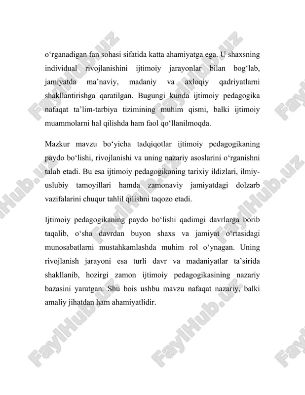 nsonning hayotida qanday muhim o‘rin tutishini va uning jamiyatga qo‘shadigan ijtimoiy hissasini tahlil qildi. xx asrda ijtimoiy pedagogika sohasida bir qancha yirik olimlar ish olib bordilar. amerika qo‘shma shtatlarida jon dyu, fransiyadagi emil durkheim va germaniyadagi georg kerschensteiner kabi olimlar ijtimoiy pedagogikaning nazariy asoslarini rivojlantirishga katta hissa qo‘shdilar. ijtimoiy pedagogika yildan-yilga rivojlanib, ijtimoiy muammolarni hal etishda muhim ahamiyat kasb eta boshladi. bugungi kunda ijtimoiy pedagogika jamiyatdagi turli xil ijtimoiy guruhlar bilan ishlashda, ularni qo‘llab-quvvatlashda va ijtimoiy adolatni ta'minlashda samarali usul va dasturlarni taklif qiladi. ijtimoiy pedagogika bugungi kunda juda ko‘p qirralarni o‘z ichiga oladi va faqat maktab yoki ta'lim muassasalarida emas, balki kengroq jamiyatda, hattoki oilaviy va mahalliy darajada ham tatbiq etiladi. uning ijtimoiy inklyuziya, ijtimoiy xizmatlar, notijorat tashkilotlari va mahalliy hamjamiyatlar bilan ishlashdagi o‘rni juda katta. ijtimoiy pedagogikaning zamonaviy namoyandalari jamiyatdagi tengsizliklar, ijtimoiy inklyuziya, muhojirlar va qochqinlar bilan ishlash kabi masalalarga yechim topishda faol ishtirok etmoqdalar. shu bilan birga, …