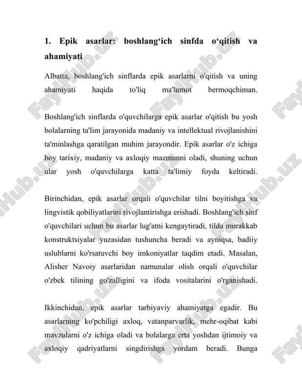 tarbiya berish vositasidir. bu jarayon yosh avlodni madaniy me'ros va tarixiy bilimlar bilan boyitadi, ularni har tomonlama rivojlanishiga yordam beradi, va ularning kelajakdagi muvaffaqiyatlariga zamin yaratadi. 2. boshlang‘ich sinf o‘quvchilari uchun epik asarlar tanlovi boshlang‘ich sinf o‘quvchilari uchun epik asarlar tanlovi mavzusiga oid axborotlar quyida keltirilgan. epik asarlar tanlovlari boshlang‘ich sinf o‘quvchilari uchun turli xil madaniy va ta'limiy maqsadlar uchun o‘tkaziladi. bunday tanlovlar maqsadi bolalarni milliy va xalqaro adabiyot asarlariga qiziqtirish, ularning tasavvur va ijodiy qobiliyatlarini rivojlantirish, shuningdek, nutq va til mahoratini oshirishga ko‘maklashishdir. bunday faoliyatlar bolalar uchun adabiyotga muhabbatni shakllantirish va ularga taklif etilgan asarlarning mohiyatini yaxshiroq anglash imkoniyatini beradi. 1. **tanlov formati**: - boshlang‘ich sinf o‘quvchilari uchun epik asarlar tanlovlari odatda o‘qish, hikoya qilish va drama ijrosi shaklida o‘tkaziladi. - tanlov ishtirokchilari odatda 1-sinfdan 4-sinfgacha bo‘lgan o‘quvchilar hisoblanadi. - tanlovga taqdim etiladigan asarlar qisqa hikoyalar, dostonlardan iborat bo‘ladi, chunki ular yosh bolalar uchun mos keladi. 2. **tanlovning maqsadi …