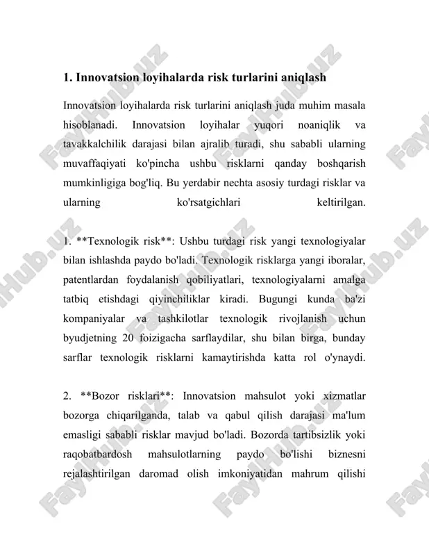 lar va strategiyalarni qo'llash muhim rol o'ynaydi. 2. risklarni boshqarishning asosiy metodlari risklarni boshqarish muhim biznes jarayoni bo‘lib, u korxonalar va tashkilotlarga noaniqliklardan kelib chiqadigan imkoniyat va qarama-qarshiliklarni boshqarishga imkon beradi. mana bu jarayonni amalga oshirishda qo‘llaniladigan asosiy metodlar: 1. risklardan qochish (avoidance): bu metod biror xavf-xatardan butunlay qochishni ko‘zda tutadi. korxonalar xavfli bo‘lgan faoliyat yoki loyihalardan voz kechish orqali noaniqliklarni kamaytirishga erishadilar. masalan, teksa sohada o‘z harajatlarini qisqartirishi mumkin bo‘lgan xatarli biznesga kirishni rad etish. 2. riskni kamaytirish (reduction): bu usul xavfni kamaytirish choralarini ko‘rishga qaratilgan. bunda korxonalar xavfni keltirib chiqarishi mumkin bo‘lgan sabablar va sharoitlarni o‘rganib, ehtimoliy zararlar miqdorini kamaytirish chora-tadbirlarini amalga oshiradilar. masalan, texnologik modernizatsiya orqali ishlab chiqarish jarayonining xavfsizligini oshirish mumkin. 3. riskni uzatish (transfer): ushbu strategiya orqali riskni boshqa tomonlarga uzatish ko‘zda tutiladi. bu asosan sug‘urta shartnomalari orqali amalga oshiriladi, ya’ni korxonalar ularning ko‘p miqdorda zarar ko‘rish ehtimolini sug‘urta kompaniyasiga topshiradilar. sug‘urta bu borada eng …