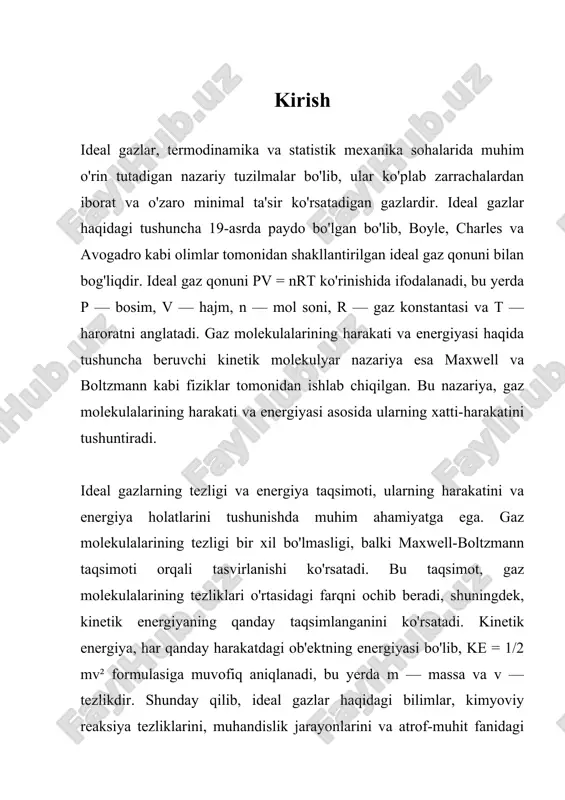 maxwell-boltzmann taqsimoti, gaz molekulalarining tezliklari va energiyalarining qanday taqsimlanganini ko'rsatadi va bu taqsimot molekulalarning harakat energiyasining o'rtacha qiymatini hisoblashda muhim ahamiyatga ega. maxwell-boltzmann taqsimoti quyidagi asosiy parametrlar bilan ifodalanadi: molekulalarning tezliklari, ularning energiyalari va temperaturalar. gazning har bir molekulasining kinetik energiyasi, ke = 1/2 mv² formulasi bo'yicha hisoblanadi, bu yerda m - molekulaning massasi va v - molekulaning tezligi. gaz molekulalarining tezligi muayyan taqsimotga ega bo'lib, bu taqsimotning o'zi o'zgaruvchan bo'lishi mumkin. maxwell-boltzmann taqsimoti buni matematik jihatdan tasvirlaydi va f(v) = (m/(2πkt))^(3/2) * 4πv² * e^(-mv²/2kt) tenglamasi orqali ifodalanadi. bu yerda f(v) - tezlik taqsimoti, m - molekulaning massasi, k - boltzmann doimiysi, t - temperatura va v - tezlikdir. bu tenglama, gaz molekulalarining tezliklarining taqsimotini ko'rsatadi va murakkab tizimlarda ham qo'llanilishi mumkin. maxwell-boltzmann taqsimoti ideal gazlar uchun muhim ahamiyatga ega, chunki u gazlarning harakatini va ularning energiya taqsimotini tushunish uchun zarur. ideal gazlar uchun, molekulalar bir-biri bilan to'qnashmasdan harakat …