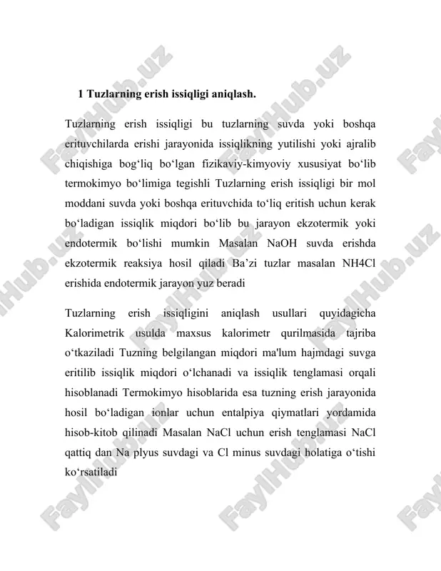 sir qiladi bu jarayonni chuqur o‘rganish biologik tizimlar va sanoat kimyoviy jarayonlari uchun katta ahamiyatga ega 2 rasm (natijalarning kimyoviy xususiyati). 2 bufer eritmalar va ularning xususiyatlari. bufer eritma – bu kuchsiz kislota va uning tuzi yoki kuchsiz asos va uning tuzidan tashkil topgan eritma bo‘lib, tashqi ta'sirga qaramasdan o‘z ph qiymatini bir xil darajada saqlash xususiyatiga ega. bufer eritmalar muvozanatni saqlashda muhim ahamiyatga ega va kislotaning yoki asosning qo‘shilishiga qarshilik ko‘rsatadi. bufer eritmalar tarkibiga kuchsiz kislota va uning kuchli asosli tuzi yoki kuchsiz asos va uning kuchli kislotali tuzi kiradi. masalan, sirka kislotasi va natriy asetatdan iborat eritma yoki ammoniy gidroksid va ammoniy xlorid aralashmasi bufer eritma hosil qiladi. bufer eritmalarni hosil qilish uchun kuchsiz kislota bilan kuchli asos yoki kuchsiz asos bilan kuchli kislota aralashtiriladi. bu jarayonda hosil bo‘lgan aralash ph qiymatini bir xil saqlash imkonini beradi. bufer eritmalar o‘z xususiyatlarini le shatelye printsipiga asoslangan holda namoyon qiladi. …