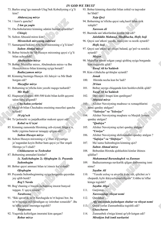 gi dovonlardan birining nomi 33. kobul va balx oralig’ida joylashgan manzil nomi qanday? kohmard 34. g'urband kobuldagi tumanlardan birining nomi 35. zahhok -... bomiyondagi qal’aning nomi 36. gumbazak -... xurosonda joylashgan dovon 37. muharram oyida o’zbakni daf qilish maqsadida qayerga jo’naydi? xurosonga 38. qaysi yo’llar orqali boradi? g’urband va shibartu 39. bomiyon hozirda qayerda joylashgan ? afg’onistonda 40. ushtur shahriga xazinachi va qorovullardan kimlarni qo'yib ketadi? vali xazinachi va davlat qadam qorovul 41. o'sha vaqtda kim xurosondan noxushlik bilan chiqadi jahongir mirzo 42. kobuldan yo’lga tushgani haqida kimga maktub yuborildi? sulton husayn mirzo 43. balxni kim qamal qilgan edi? shayboniyxon 44. balxda kim qo’rg’onbegi edi? sulton qulichoq 45. badaxshon -... amudaryoning yuqori oqimida, daryoning har ikkala sohili bo’ylab joylashgan tog’li o’lka 46. ko'histon -... kishm daryosining yuqori qismidagi joy nomi 47. shayboniyxon 2-3 sultonni 3-4 ming kishi bilan qayerga hujum qilish uchun yuboradi? badaxshonga 48. qaysi daryo katta edi ? …