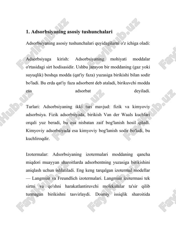 mkin. 2. adsorbsiya va desorbsiya jarayonlari adsorbsiya va desorbsiya jarayonlari kimyo va yuzalar fizikasining muhim elementlari hisoblanadi. adsorbsiya – bu moddaning (adsorbat) qattiq yoki suyuq yuzada (adsorbent) to'planish jarayonidir. desorbsiya esa, aksincha, adsorbent yuzasidagi adsorbat moddasining ajralib chiqishi jarayonidir. ushbu jarayonlar ko'p hollarda o'zgaruvchan fizika-kimyo sharoitlarda yuz beradi va ular turli amaliy ilovalarda, masalan, katalizatorlar, suvni tozalash, gazlarni ajratish va biotexnologiya sohalarida keng qo'llaniladi. adsorbsiya jarayoni ikki xil usul bilan o'tishi mumkin: fizika adsorbsiya va kimyoviy adsorbsiya (xemisorbsiy). fizika adsorbsiya odatda van der vaals kuchlari ta'sirida yuzaga keladi va u nisbatan zaif bog'lanishdir, shuning uchun bu jarayon haddan ortiq past temperaturada va yuqori bosimda samarali amal qilishi mumkin. kimyoviy adsorbsiya esa, adsorbat va adsorbent o'rtasida kimyoviy bog'lar hosil bo'lishi bilan xarakterlanadi, bu jarayon nisbatan yuqori energiyaga ega va odatda katalizatorlarning ishlashida muhimdir. adsorbsiya jarayonida muhim o'lchamlardan biri bu adsorbsiyaning izoterma tenglamasidir, qaysi adsorbsiya sig'imi va bosim yoki konsentratsiya o'rtasidagi bog'liqlikni …