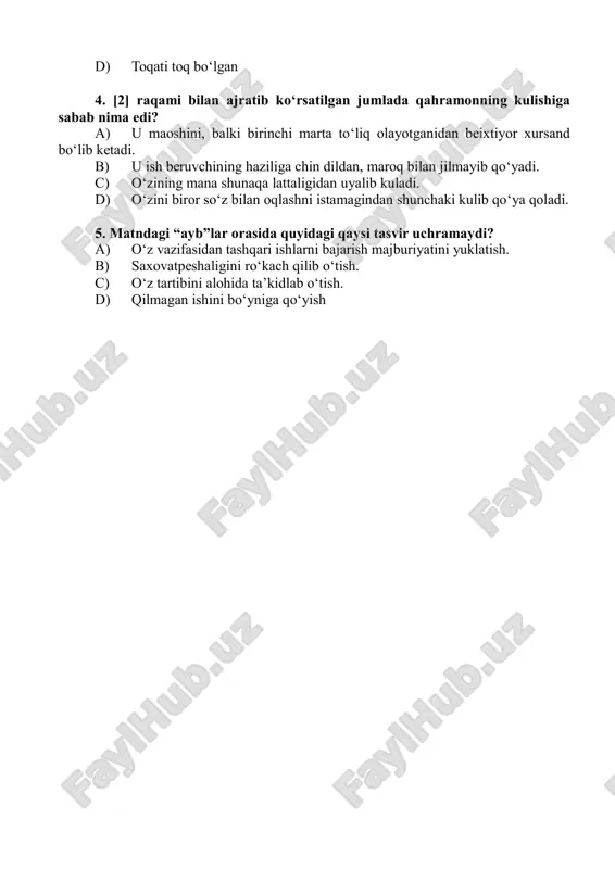 nday kamchiliklarga yo‘l qo‘ysa, keyingi safar muallimani qanday qismat kutib turganligini oldindan bildirib, unga unutilmas saboq berib qo‘yish. 2. matndagi muallima obraziga mos ta’rif berilmagan javobni aniqlang. a) tortinchoqligidan ikki oy ishlagan bo‘lsa-da, maoshini so‘ray olmagan, boshqa joylardan hatto maoshini undirib ham ololmagan va bunga jim ko‘z yumib ketaveradigan obraz. b) jamiyatdagi haqi boshqaning cho‘ntagiga kirib ketayotganini bilsa-da, lom- lim deya olmaydigan, haqini talab qila olmaydigan insonlarning yig‘ma obrazi. c) o‘ta madaniyatli, tarbiyali inson ekanligidan hatto uni talashsa ham “rahmat” deya oladigan, hayotni pul bilan o‘lchamaydigan odamlar sirasidan bo‘lgan obraz. d) bo‘shangligi sabab hayotda ko‘p bora nohaqliklarga duch kelgan va hali ham o‘ziga to‘g‘ri xulosa chiqarib ololmagan obraz. 3. [1] raqami bilan ajratib ko‘rsatilgan jumladagi qahramon holati qaysi javobda to‘g‘ri izohlangan? a) jahli chiqqan b) xijolat bo‘lgan c) asabiylashgan d) toqati toq bo‘lgan 4. [2] raqami bilan ajratib ko‘rsatilgan jumlada qahramonning kulishiga sabab nima edi? a) u maoshini, balki birinchi …