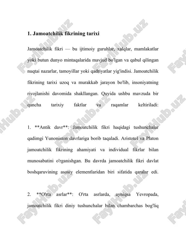 ab oladi. jamoatchilik fikri asosan sotsiologiya, politologiya va ommaviy kommunikatsiya sohalarida keng o'rganiladi. jamoatchilik fikrini o'rganishda foydalaniladigan asosiy vositalardan biri - jamoatchilik fikrini so'rov orqali aniqlashdir. so'rovnoma to'plami, telefon qo'ng'iroqlari, ijtimoiy tarmoqlar orqali savol-javoblar tashkil etish va boshqa usullar so'rovlar o'tkazish uchun ishlatiladi. ushbu so'rovlar orqali aholi o'rtasidagi asosiy yo'nalishlar, ularning qarashlari, qiziqishlari, muammolari aniqlanadi. statistik ma'lumotlar jamoatchilik fikrini ifodalangan ma'lumotlarning asosiy ko'rgazmasi hisoblanadi. ko'pchilik fikrini xulosa qilish uchun statistik usullar qo'llaniladi. oylik, yillik yoki kutilayotgan tendensiyalar bo'yicha statistik ma'lumotlar tayyorlanadi. misol uchun, aholini qaysi masalalar ko'proq qiziqtirgani haqida raqamlar keltirilishi mumkin. jamoatchilik fikrini o'rganishda asosiy rol o'ynaydigon tashkilotlardan biri bu amerika qo'shma shtatlaridagi gallup tashkiloti hisoblanadi. gallup kompaniyasi muntazam ravishda turli mavzularda so'rovlar o'tkazadi. shuningdek, frantsiya va germaniyada ham jamoatchilik fikrini o'rganish bo'yicha nufuzli institutlar mavjud bo'lib, ular xalqaro ahamiyatga ega tadqiqotlarni amalga oshiradi. so'rov natijalari ko'pincha bir qator demografik omillar asosida tahlil qilinadi. bu omillar orasida yoshlik, jins, …