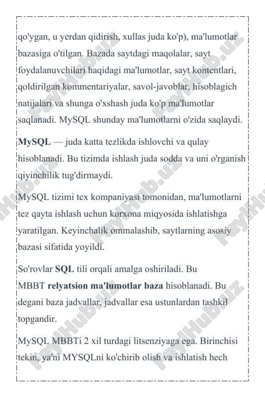 tur kodini yaratisgda ushbu firma javobgar. mysql server ochiq, yani tekin dasturiy taʼminot boʻlib, general public license himoyasidadir. mysql ab/sun firmasi dastur kodiga mualliflik huquqiga egaligi sababli, ushbu dasturiy taʼminotning kommerzial turi ham bor.mysql nomining kelib chiqishi aniq emas. 1996-yildan beri koʻplab biblioteka va tool (vosita)lar nomi oldida my prefiksi qoʻyila boshlangan. baʼzi maʼlumotlarga koʻra esa firmani tashkil qilganlardan biri hisoblanuvchi monty wideniusning qizi ismidan va sql, yaʼni structured query language (strukturaviy soʻrovlar tili) birikmasidan tashkil topgan. unix, macos x va linixdan tashqari, mysql windows, os/2 va i5/os (avvalgi os/400) uchun ham moslashtirilgan.windows uchun esa baʼzida ayrim cheklanishlar uchraydi. mysql koʻpincha web-servis uchun maʼlumotlarni saqlashda qoʻllaniladi, webserver apache va php bilan birgalikda ishlatiladi. mysql hozirda 6.000.000 dan ortiq foydalanuvchilar va kuniga 35.000 dan ortiq download qilinadigan dunyonig eng mashhur maʼlumotlarni boshqarish sistemasidir. mysql ga kirish mysql nima ? mysql ga kirish va uning turlari mysql — bu eng mashhur va …