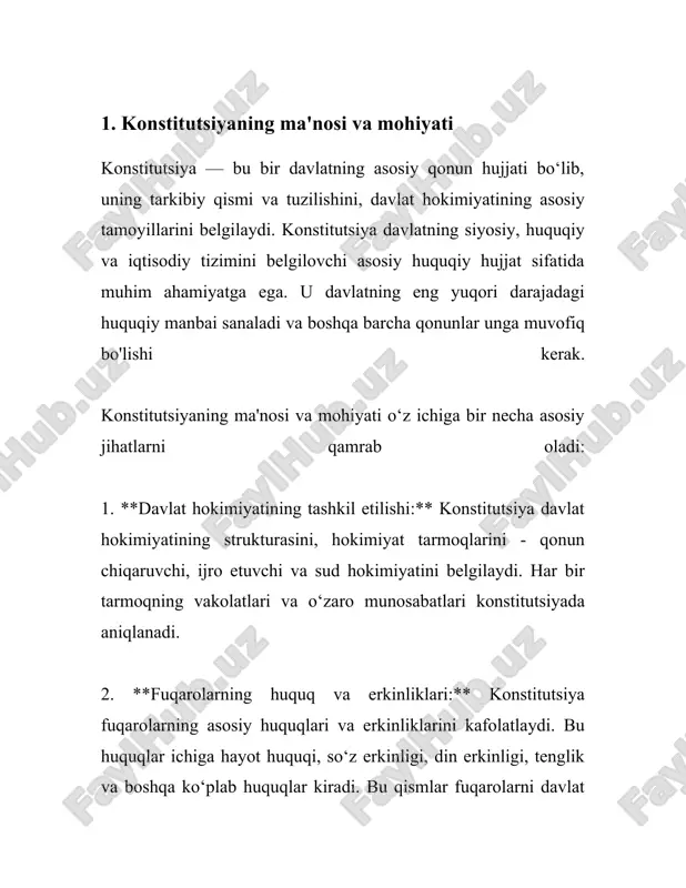 gi va noyobligi bilan farqlanadi, chunki davlatlarning ijtimoiy-siyosiy madaniyati har xil bo‘lishi mumkin. o‘zbekiston respublikasi konstitutsiyasi, 1992-yil 8-dekabrda qabul qilingan bo‘lib, hozirgi kundagi asosiy norma hujjati hisoblanadi. bu konstitutsiya davlatning ijtimoiy-iqtisodiy va siyosiy rivojlanish yo‘lini belgilovchi ilgarilash jarayonlarining poydevoridan hisoblanadi. 2. konstitutsiyaning davlat tuzilishidagi ahamiyati konstitutsiya davlat tuzilishining eng asosiy va muhim hujjati hisoblanadi. u davlat tuzilishini, uning boshqaruv shaklini, asosiy tashkilotlarning vakolatlarini va fuqarolarning huquq va majburiyatlarini belgilab beradi. konstitutsiya, odatda, qonunlarning ustunligi prinsipiga asoslanadi va davlatning yurisdiksiyasini muvofiqlashtiradi. konstitutsiya demokratik jamiyatni barpo etishda muhim rol o'ynaydi va hokimiyatni suiiste’mol qilishga qarshi ishonchli kafolatlarni yaratadi. konstitutsiyaning ahamiyati davlat tuzilishida quyidagi nuqtalarda namoyon bo'ladi: 1. **hokimiyatni bo'lish**: konstitutsiya davlat hokimiyatini uch bo'lakka - ijro, qonun chiqaruvchi va sud hokimiyatlariga ajratadi. bu prinsip hokimiyatlar bo'limi deb ataladi. bu prinsip davlat organlari o'rtasidagi vakolatlar bo'linishini tartibga soladi va ularning bir-biridan nazoratsiz foydalanishiga yo'l qo'ymaydi. bu mustaqil va muvozanatli hokimiyat tizimini yurgizish uchun …