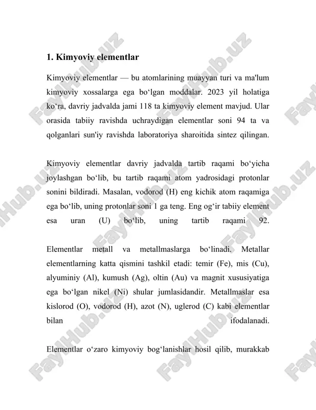 1. **uglevodorodlar**: faqat vodorod va uglerod atomlaridan tashkil topgan birikmalar. uglevodorodlar alkanlar, alkenlar va alkinlar kabi turli toifalarga ajratiladi. alkanlar, masalan, metan (ch₄), etan (c₂h₆), propan (c₃h₈) va boshqalar ma'lum. uglevodorodlar neft, gaz va boshqa tabiiy manbalardan olinadi. 2. **spirtlar**: molekulada uglerod bilan bog'langan gidroksil guruhi (–oh) mavjud. eng oddiy spirt - metanol (ch₃oh) va etanol (c₂h₅oh). 3. **aldegidlar va ketonlar**: ushbu birikmalar karbonil guruhi (>c=o) mavjudligi bilan tavsiflanadi. formaldegid (hcho) va atseton (ch₃coch₃) tekis misol bo'lib, ular sanoatda keng qo'llaniladi. 4. **kislotalar**: molekulada karboksil guruhi (–cooh) mavjud. eng taniqli organik kislotalardan biri - sirka kislotasi (ch₃cooh). 5. **esterlar**: kislotalarning spirtlar bilan o'zaro ta'siri natijasida hosil bo'ladi va kislota anhidridlari yoki laktonlar deb ham atalishi mumkin. esterlar parfyumeriya sanoatida va oziq-ovqat aromatizatorlarida keng qo'llaniladi. 6. **aminlar**: azot atomining mavjudligi bilan tavsiflanadi. aminlar aminokislotalar va oqsillar tarkibidagi funksional guruhlar hisoblanadi. molekulyar massalar turlicha bo'lib, metandan (ch₄) boshlab, ulkan biologik makromolekulalar, masalan, …