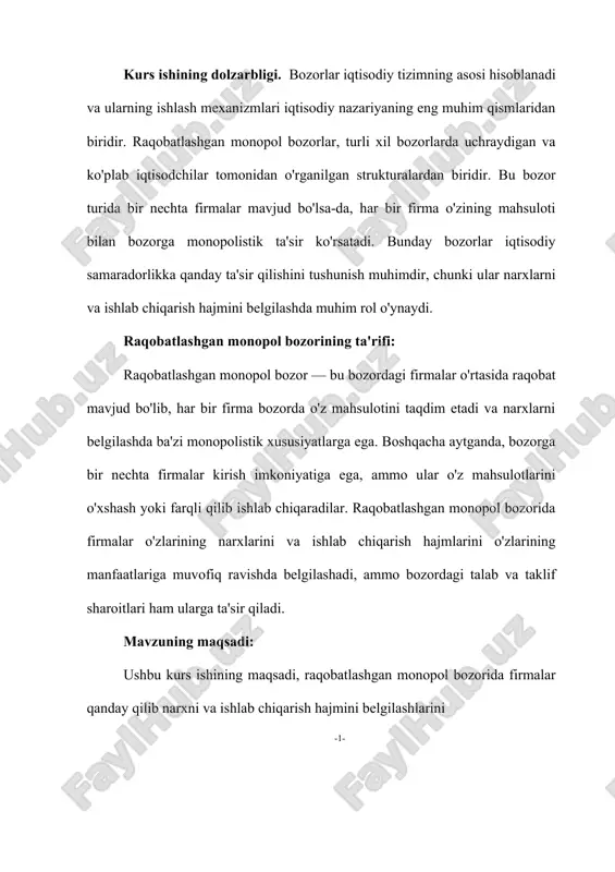 li bozor) — bu bozor tuzilmasi bo‘lib, unda bir nechta firma o‘z mahsulotlarini ishlab chiqaradi va sotadi, lekin har bir firma o‘z mahsulotini raqobatchilarining mahsulotlaridan farqli qilib taqdim etadi. bunday bozor tuzilmasi monopolistik (ya'ni, har bir firma o‘z mahsulotini o‘ziga xos, differensiyalangan tarzda ishlab chiqaradi) va raqobat mavjud bo‘lgan (bir nechta firma faoliyat yuritadi) bozorlarni birlashtiradi. bu bozor turida firmalar o‘rtasida raqobat mavjud, lekin ular bozordagi yagona monopolist emaslar. raqobatlashgan monopol bozorining asosiy xususiyatlari: mahsulot differensiyasi: har bir firma o‘z mahsulotini raqobatchilarining mahsulotlaridan farqlashga harakat qiladi. bu farq sifat, brend, dizayn, qo‘shimcha xizmatlar yoki boshqa xususiyatlarda bo‘lishi mumkin. mahsulotning bu differensiyasi, iste'molchilarga tanlash imkoniyatini beradi va har bir firma o‘zining narx va marketing strategiyalarini ishlab chiqish imkoniyatiga ega bo‘ladi. bir nechta firma: raqobatlashgan monopol bozorida ko‘plab firmalar faoliyat yuritadi. har bir firma o‘z mahsuloti yoki xizmatiga bo‘lgan talabni shakllantirishga harakat qiladi va bu jarayonda o‘z raqobatchilarini -3- hisobga oladi. erkin …