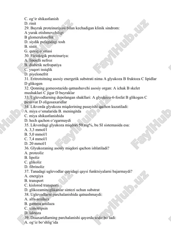 yuqorida aytilganlarning barchasi 48. qondagi glyukozani qaysi usul bilan aniqlash mumkin: a. glyukozooksidaz usuli b. elektrokimyoviy usul c. ortotoluidin usuli d hammasi sanab o‘tilgan javoblar 50. monosaxaridlar nima? a galaktoza b. laktoza c. kraxmal d. maltoz 51. alt 46 < ast 24 ed/l tashxis? a. norma b. gepatit b c. infarkt d. kolit 52. mieloma kasalligini qon klinik tahlili: a. hb-110g/l b. echt-60 mm/soat c. wbc-5.0×109/l, blastlar-10%, neytrofil-20%, limfotsitlar-70% d. hb-80g/l, neytrofillar mutloq soni-1,5×109/l 53. mieloma kasalligini klinik simptomlar: a. umumiy holsizlik, umurtqa pog‘onasidagi og‘riq b. umumiy holsizlik, qo‘l va oyoqlarning «kichik» bo‘g‘imlarida og‘riq c. o‘mrov suyagining patologik sinishi d. anemiya, siydikda oqsil, qonda kreatinin miqdorining oshishi 54. mieloma kasalligida monoterapiya preparatlari: a. fludarabin, siklofosfan, rituksimab b. rituksimab c. alkeran, prednizolon d. bortezomib 55. mieloma kasalligida og‘ir anemiyani davolash tartibi: a. o‘smaga qarshi terapiya b. qon zardobidagi ferritin, b12 vitamini, foliyni aniqlash c. eritropoez metabolizmining etishmovchiligi holatini to‘ldirish d. barchasi …