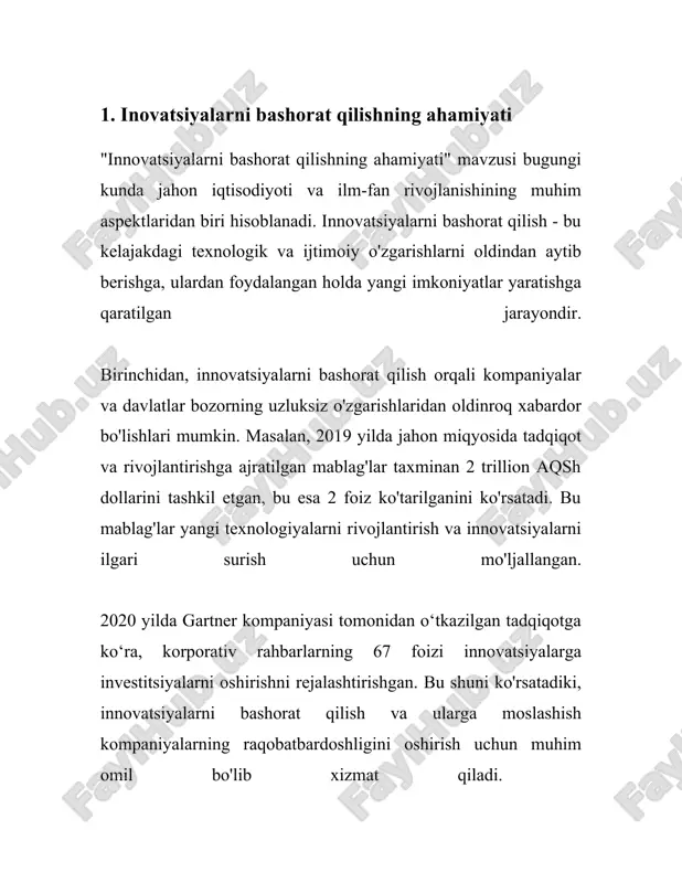 i bo‘lishni istagan har qanday tashkilot yoki davlat uchun strategik ahamiyatga ega. 2. korxonalarda innovatsion strategiyalar albatta, korxonalarda innovatsion strategiyalar haqida ma'lumotlarni taqdim etaman. innovatsion strategiyalar korxonalarning uzoq muddatli muvaffaqiyatini ta'minlash uchun muhim ahamiyatga ega. ushbu strategiyalar korxonalarga raqobatbardoshlikni oshirish, bozorda o'z o'rnini mustahkamlash va yangi imkoniyatlardan foydalanish imkoniyatini beradi. innovatsion strategiyalarni to'g'ri tanlash orqali korxonalar yangi mahsulotlar va xizmatlarni ishlab chiqishi, jarayonlarni optimallashtirishi va iste'molchilar ehtiyojlarini yaxshiroq qondirishi mumkin. 1. **innovatsion strategiyalarning turlari**: korxonalar turli xil innovatsion strategiyalarni qo'llashi mumkin, jumladan, mahsulot innovatsiyasi, jarayon innovatsiyasi, xizmat ko'rsatish innovatsiyasi va tashkilot innovatsiyasi. mahsulot innovatsiyasi yangi yoki yaxshilangan mahsulotlarni yaratishni o'z ichiga oladi. jarayon innovatsiyasi esa ishlab chiqarish yoki xizmat ko'rsatish jarayonlarini yanada samarali qiluvchi texnologiyalar va metodlarni qo'llashdir. xizmat ko'rsatish innovatsiyasi esa mijozlarga ko'rsatilayotgan xizmatlar sifatini va xilma-xilligini oshirish maqsadida amalga oshiriladi. tashkilot innovatsiyasi korxonaning tuzilmasi, menejment jarayonlari va ishchi kuchidan samarali foydalanishni takomillashtirishni o'z ichiga oladi. 2. **innovatsion strategiyalarni …