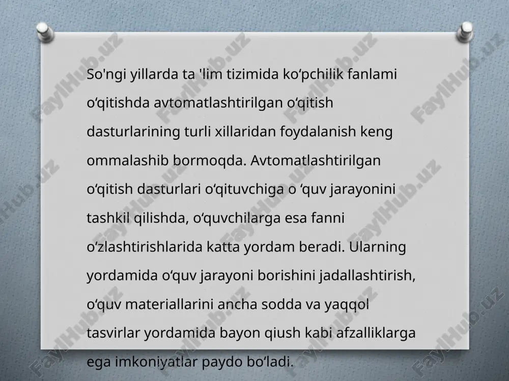 h bo‘yicha /juda ko'plab autocad, topcad, jcad, 3d-graf, kdmaster, kомпас-график, варикон. тефлекс kabi grafik tizimlar kishilaming iimiy va muhandislik faoliyatining turli sohalarida keng qo‘llanilmoqda. ulardan ta'lim tizimida ommalashgani autocad hisoblanadi. bu yerda detal p tekislik bilan qirqilib, ikkiga: a va в bo’laklarga ajratilgan. fikran в bo‘iak olib qo‘yilgandan keyin a bomakning qirqilgan joyi shtrixlanadi. detaining bosh ko'rinishida ham o‘sha joy shtrixlangan. qirqimlar kesuvchi tekislik detalni teng ikki qismga ajratsa, kesuvchi tekislik izi chizmada ko‘rsatilmaydi (2.3.9 - chizma, c). detaining qismidagi teshikni qirqib ko‘rsatish joiz boisa, kesuvchi tekislik izi uzuq chiziqlar bilan ko‘rsatiladi va qirqim a-a kabi belgilanadi (2.3.10-chizma ) autocad shuningdek mamlakatimizda va chet ellardagi ko‘pchilik korxona va tashkilotlarda loyiha-chizma ishlarini avtomatlashtirishning standartlashtirilgan tizimi sifatida shakllangan. 2002-yilda rossiya maktablarida chizmachilik o‘qitish tarixida birinchi marta o ‘quv-metodik kompleksning tarkibiy qismlaridan biri bo’lgan kompakt-disk (компас 3d lt grafik dasturi) tayyorlanib, sotuvga chiqarildi. diqqatingiz uchun raxmat image5.jpeg image3.jpeg image4.png /docprops/thumbnail.jpeg