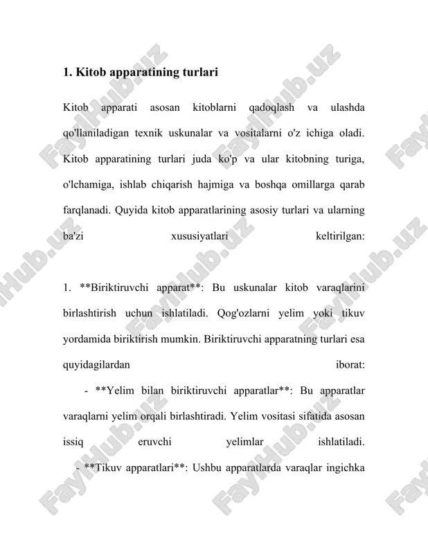 rdagi apparatlar. - avtomatik sozlanadigan apparatlar. - qo'lda boshqariladigan apparatlar. - raqamli va analog turlari. 2. **ishlash tezligi**: - soatiga ishlov bera oladigan kitoblar soni: 500-1000. - yuqori sifatli modellar: soatiga 1500-2000 kitob. 3. **o'lchamlar**: - standart o'lchamdagi apparatlar: kengligi 50-70 sm, uzunligi 100-150 sm. - og'irlik: 300-800 kg. 4. **energiya iste'moli**: - elektr toki: 220-240 v. - quvvat sarfi: 1.5-3 kvt. 5. **materiallar**: - chelik va alyuminiy kabi materiallardan tayyorlangan. - qoplama matosi: pvx yoki boshqa sintetik materiallar. 6. **mahsulot samaradorligi**: - 90-95% ga yetadigan samaradorlik ko'rsatkichi. - xato foizi: 0.5-1%. 7. **moslashuvchanlik**: - har xil kitob o'lchamlari uchun sozlash imkoniyati. - kitob zichligini sozlash diapazoni: 5-30 mm. 8. **texnologik interfeys**: - sensorli ekran yoki tugmali boshqaruv paneli. - lan yoki wi-fi ulanish imkoniyati. 9. **ishlab chiqaruvchilar**: - yetakchi kompaniyalar tomonidan ishlab chiqariladi. - turli xil ishlab chiqarish davlatlari, masalan: xitoy, germaniya, aqsh. 10. **maxsus xususiyatlar**: - avtomatik to'ldirish …