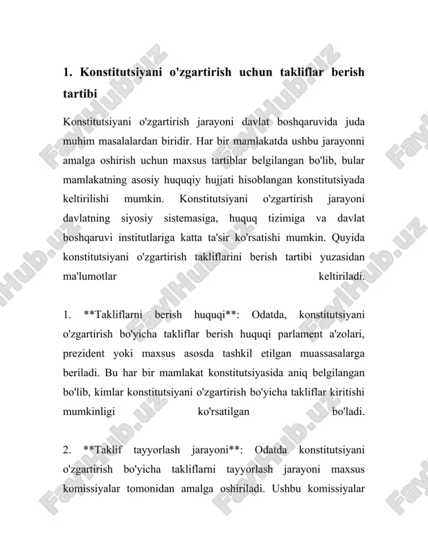 zgartirish jarayoni demokratik prinsiplar va qonun ustuvorligini ta'minlashga qaratilgan bo'lishi shart. 2. konstitutsiyaviy o'zgartirishlar loyihasini tayyorlash 2. konstitutsiyaviy o'zgartirishlar loyihasi tayyorlash jarayoni mamlakatda keng ko'lamdagi siyosiy, ijtimoiy va iqtisodiy masalalarni o'z ichiga oladi. bu jarayonning maqsadi davlat boshqaruvi tizimini yaxshilash, davlat idoralarining samaradorligini oshirish va fuqarolarning huquq va erkinliklarini kafolatlashdir. konstitutsiyaviy o'zgartirishlar loyihasi odatda bir necha bosqichda amalga oshiriladi. birinchi bosqichda konstitutsiyaviy o'zgartirishlarni amalga oshirish zarurligini aniqlash uchun tahlil qilinadi. bu jarayonda mutaxassislar, ilmiy tadqiqot institutlari va nodavlat tashkilotlarining tavsiyalari ko'rib chiqiladi. ko'p hollarda jamiyatdagi muhim ijtimoiy masalalar va xalqaro tajriba ham inobatga olinadi. maqsad konstitutsiyaviy o'zgartirishlarning asosiy yo'nalishlarini aniqlashdir. ikkinchi bosqich – konstitutsiyaviy o'zgartirishlar loyihasini tayyorlash. loyihani tayyorlashda turli sohalarga ixtisoslashgan ekspertlardan iborat ishchi guruhlar tuziladi. ushbu guruhlar takliflarni ishlab chiqishda xalqning ehtiyojlari va mamlakatning rivojlanish maqsadlarini hisobga oladi. loyihani tayyorlashda xalqaro tajriba, xalqaro huquq normalari va insonga doir huquqlar to'g'risidagi xalqaro hujjatlar inobatga olinadi. uchinchi bosqichda konstitutsiyaviy o'zgartirishlar …