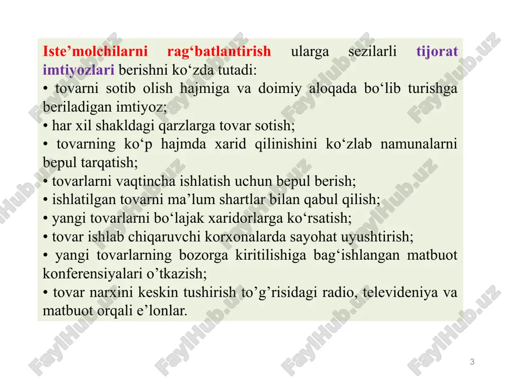 in. kommunikatsiya elementlari: bo’lajak iste’molchi quyidagi axborotlarni olishi shart: • tovarning borligi va sotilish joyi; • qaysi ehtiyojlarni qondirishga qaratilganligi; • iste’mol qiymatining asosiy ko‘rsatkichlari; • xaridorlarni qoniqtirmay qolgan holda ularning himoya qilish kafolatlari. 8 to‘g‘ri marketing - bu marketingning dialogik tizimidir, ya’ni sotuvchi xaridor bilan suhbatlashib, oxiri xaridorni buyurtma borligiga ishontiradi. to’g’ri marketingning afzallik tomoni shundaki, siz o'z xizmatingiz natijasini o‘z ko‘zingiz bilan ko‘rishingiz mumkin. telemarketing - bu to’g’ri marketingning bir shakli bo‘lib, bunda mijoz bilan telefon orqali muloqot qilish tushuniladi. telemarketingdan foydalanganda telefon qilish vaqtini to‘g‘ri tanlash kerak. mutaxassislaming fikricha, eng optimal vaqt kunduzi soat 10 dan keyin va tushdan keyin soat 14-17 hisoblanadi. treyd marketingi - bu sotishni rag‘batlantirish bo'yicha tadbirlar uyushtirish orqali savdo hajmini oshirishga imkon beradigan marketing sohasi. treyd marketingi - bu savdo hajmini oshirishga qaratilgan faoliyat majmui hisoblanadi. treyd marketingi savdoni oshirishdan tashqari, uning uzoq muddatli maqsadi - kompaniya, mahsulot yoki brendga bo‘lgan sadoqatni …