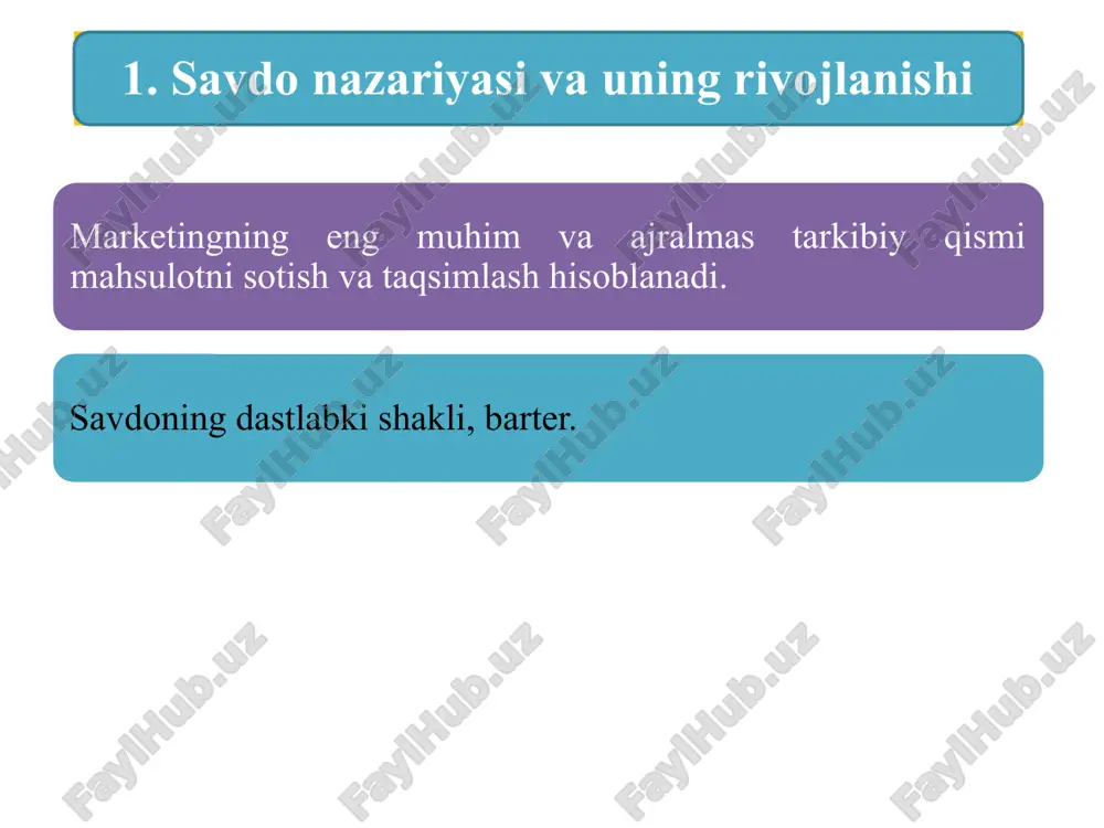 tovarlar va xizmatlarni bevosita iste’molchilarga sanoat uchun emas, balki shaxsiy iste’mol uchun sotadigan tadbirkorlik faoliyatining barcha turlari. ko‘p ishlab chiqarish korxonalari, ulgurji savdo, xizmat ko‘rsatish korxonalari va boshqalar chakana savdo bilan shug‘ullanadi. chakana savdoning asosiy qismi chakana savdo do‘konlari va do‘konlardan tashqarida chakana savdo orqali amalga oshiriladi. 1. taqdim etilayotgan xizmatlar darajasiga ko'ra o‘ziga xizmat ko‘rsatish do‘konlariga; cheklangan xizmat ko‘rsatish do‘konlariga; to’liq xizmat ko‘rsatish do‘konlariga bo’linadi. 2. taklif qilinayotgan assortimentga qarab ixtisoslashgan do'konlar; universal do‘konlar; supermarketlar; bojxona do‘konlari; super do‘konlar; kombinatsiyalashgan do‘konlar; gipermarketlarga bo‘linadi. chakana savdo do‘konlari turlari: taqsimot kanalining asosiy funksiyalariga quyidagilar kiradi: axborot – bu marketing tadkikotlari natijasida olingan ma’lumotlar va marketing muxiti tugrisidagi axborotlarni uz ichiga oladi siljitish – maxsulot taklifiga oid ishontiruvchi axborotlarni reklama va boshqa vositalar orqali tarqatish aloqa – kerakli xaridorlarni topish va ular bilan aloqa o’rnatish muvofiqlashtirish – talab va taklifni bir-biriga moslashtirish taqsimot yulining tarkibiy kismlari bir qator vazifalarni bajaradi: tovarni bir …