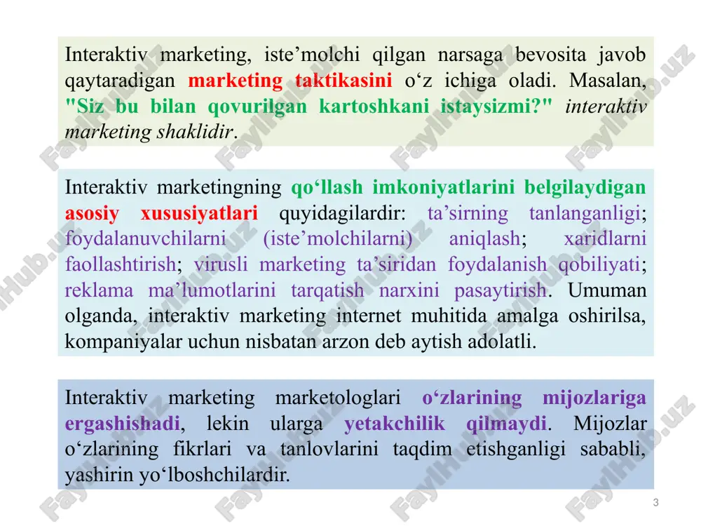 shning ajoyib vositasi. kompaniyalar iste’molchilar bilan aloqa o‘rnatishda ularning o‘ziga xos ehtiyojlari va istaklarini chuqur o‘rganib, tegishli ma’lumotlar bazalarini yaratishlari mumkin. elektron savdogarlar do‘konlarning ish haqi va ijara, sug‘urta va kommunal xizmatlar bilan bog’liq xarajatlarni bilishmaydi. xaridorlar to‘g‘ridan-to‘g‘ri sotuvchilar bilan aloqa qilishlari sababli, interfaol marketing ko'pincha mahsulotni taqsimlashning turli bosqichlarida, masalan buyurtmalarni qayta ishlash, omborxonada saqlash, xaridorga yetkazib berish va sotishni ilgari surish kabi narxlarning pasayishiga va samaraliroq bo’lishiga olib keladi. masalan, kompaniya o'z mahsulotlari va xizmatlarining elektron kataloglarini ishlab chiqishi mumkin, bu esa bunday katalogning qog'oz nusxasini nashr etish va jo'natishdan ancha arzon bo’ladi. interfaol marketingning nisbatan past narxidan uni yirik va kichik biznes foydalanishi mumkin. 6 13.2. interaktiv marketing: ustunliklari va kamchiliklari savdoni ko‘paytirish; iste’molchilarning qoniqishini oshirish; marketing xarajatlarini kamaytirish; interaktiv marketing, shuningdek, sotuvchiga o‘z faoliyatiga doimiy ravishda o‘zgartirishlar kiritish orqali ko‘proq moslashuvchanlikni ta’minlaydi. avtomatik; yirik firmalar ham kichik firmalar ham bir xilda foydalanish imkoniyati mavjud; deyarli cheklanmagan …