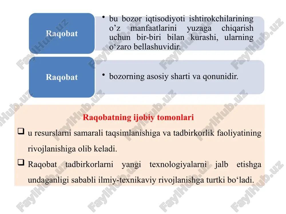 raqobatda tadbirkorlik faoliyati subyektlari barchasi o‘rtasidagi raqobat kuzatiladi. ta’sir qilish usullari bo‘yicha: narxli raqobat xaridorlarni o‘ziga narx usuli orqali jalb etishda foydalaniladi. bu raqobatning turi amalga oshirilgan raqobatga mos keladi. bugungi kunda narxli raqobat juda kam tarqalgan. chunki iqtisodiyotning hozirgi rivojlangan bosqichida narxning pasayishi yuqori natijalar bermaydi va firmani bozorda shunaqa strategiya qo‘llab lider qilolmaydi. narxsiz raqobat narxni pasaytirish yordamida emas balki boshqa omillar hisobiga kurash olib borishni talab etadi raqobatning rivojlanishiga ta’sir etuvchi omillarni 6 ta turga ajratish mumkin: texnologik o‘zgarishlar talabdagi o‘zgarishlar bozor tuzilmasidagi o‘zgarishlar mahsulot nomenklaturasidagi o‘zgarishlar tarmoq rivojlanishi ning dinamikasi davlatning iqtisodiy siyosatidagi o‘zgarishlar 8.4raqobatli ustunlik tushunchasi raqobatli ustunlik - tovar yoki markaning firmaga o‘zining bevosita raqobatchilariga nisbatan ma’lum bir ustunlik beradigan xarakteristikasi va xususiyatlaridir. bu xarakteristikalar (atributlar) g‘oyatda xilma-xil bo‘lishi va tovarning o‘ziga (asosiy xizmatga) ham, asosiy xizmatga qo‘shimcha xizmatlarga, ishlab chiqarish, savdo shakllariga ham taalluqli bo‘lishi, hamda firma yoki tovarga xos bo‘lishi mumkin. demak, …
