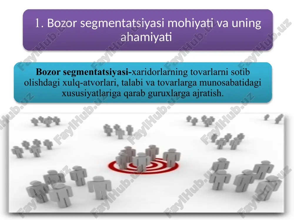 tarzi (stil) innovatsiyaga (yangilikka)intilish guruh motivatsiyasi va boshqalar geografik: hudud shahar qishloq iqlim va boshqalar xulq-atvori: firmaga nisbatan ishonchi prestij darajasi tovarga nisbatan ixlosi tez-tez iste’mol qilinishi va boshqalar demografik: jinsi yoshi oila soni va boshqalar holat: kam xarajatliligi (foydaliligi) imtiyozliligi qulayligi va boshqalar maqsadli bozor xaridorlarga qarab bozorni segmentlash mezonlari 13 2-ma’ruza mashg’uloti 7 – mavzu. bozor segmentatsiyasi va tovarni bozorda pozitsiyalashtirish reja: 14 1. 2. 3. bozor segmentatsiyasining asosiy tamoyillari maqsadli bozor segmentlarini tanlash va tovarni bozorda joylashish pozitsiyasi bozorning potensial segmentini aniqlash 15 1. бозор сегментациясининг асосий тамойиллари 3. хулк-атвор тамойили 16 бозор сегментациясининг тамойиллари 1. географик тамойил 2. психографик тамойил 4. демографик тамойил 5. ҳолат тамойили 17 geografik tamoyil orqali bozorni joylashuvi, aholining soni va zichligi, tijorat faoliyatining tuzilishi, hududning rivojlanish dinamikasi, inflyatsiya darajasi, huquqiy cheklashlar hisobga olinadi. psixografik tamoyil natijasida hayot tarzi, shaxsning tipi, jamoat holati kabilar hisobga olinib, turmush tarzi shaxsning o‘z faoliyatida, qiziqishlarida, …