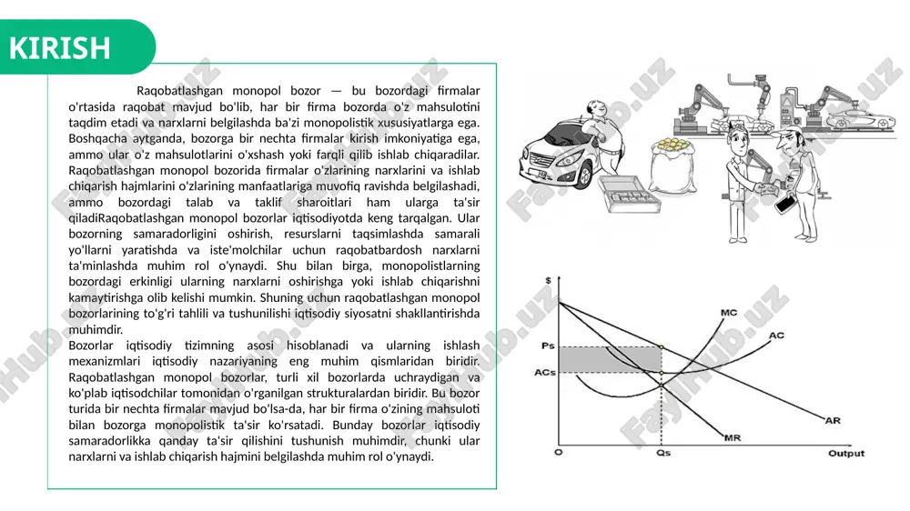 iste'molchilarga nisbatan ko‘proq zarar keltiradi va bozor resurslarining samarali taqsimlanishini kamaytiradi. raqobatning yo‘qligi bozorni samarali ishlashiga to‘sqinlik qiladi. 1.2 monopoliyaning asosiy xususiyatlari monopoliyaga qarshi xorijiy davlatlar tajribasidan foydalanishxom ashyo, asosiy va yordamchi aqshda antimonopoliya qonunlari (masalan, sherman antitrust act, clayton act, va federal trade commission act) monopoliyaga qarshi kurashish uchun asosiy yuridik asoslardir. bu qonunlar raqobatni cheklovchi amaliyotlar, shuningdek, monopolistik tuzilmalarning oldini olishga qaratilgan. . yaponiya raqobatni himoya qilish qonuni asosida monopoliyalarni tartibga soladi. bu qonun monopolistik tuzilmalarni, bozorning ortiqcha konsentratsiyasini va raqobatni kamaytiradigan amaliyotlarni oldini olishga qaratilgan. yaponiya hukumati monopolistik amaliyotlarni jiddiy tekshiradi, jumladan, narxlarni sun'iy ravishda oshirish yoki bozorni bo‘lishdagi cheklovlarni aniqlash orqali. yaponiyaning raqobatni himoya qilish agentligi (japan fair trade commission) bunday holatlarda qaror chiqaradi. germaniya: germaniyada federal raqobat idorasi (bundeskartellamt) monopoliyaga qarshi kurashadi. bu idora kompaniyalar o‘rtasida raqobatni cheklovchi faoliyatlarni aniqlaydi va bunday holatlarni tartibga soladi. 1.3 2bob raqobatlashgan monopol bozorida tovar narxi va ishlab chiqarish …