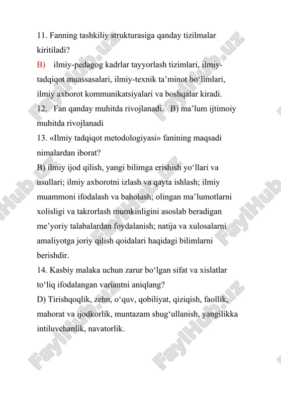 imoiy kuch funksiyasi 27. fanning qaysi funksiyasida davrimizning olamshumul muammolarini (tabiiy resurslarning kamayishi, atmosferaning ifloslanishi, ekologik xavf miqyosini aniqlash) hal qilish chog‘ida namoyon etadi? a) ijtimoiy kuch funksiyasida 28. texnogen sivilizatsiya necha yil xukmron bo‘lgan? a) 300 29. fan qanday munosabatni shakllantiruvchi eng kuchli omil sifatida namoyon bo‘ladi? a) ijtimoiy-madaniy hodisa sifatida, ko‘p sonli munosabatlar, shu jumladan iqtisodiy, ijtimoiy-psixologik, mafkuraviy, ijtimoiy-tashkiliy; 30. fan qanday uch asosiy shakl-shamoyil sifatida tushuniladi? b) faoliyat shakli, muayyan fanga doir bilimlar tizimi yoki majmui, yo ijtimoiy institut 31. fan asoschilaridan kim fan tushunchasiga amalda ta’rif berish mumkin emasligini qayd etib, fanning mohiyatiga yaqinlashish imkonini beruvchi yo‘llarni belgilaydi? b) j.bernal 32. ixtibos matnini misrosoft word matnli redaktorida, nechchi shriftida keltirilishi tavsiya etiladi? a) 12 shriftida 33. dissertatsiyada statistik materiallar........ ko‘rinishida rasmiylashtirilishi kerak? c) diagramma ko‘rinishida, diagrammaning yuqori o‘ng burchak qismida 34. foydalanilgan adabiyotlar ro‘yxati nechta qismdan iborat bo‘ladi? c) ikkita 35. fan qanday korxona dir? b) …