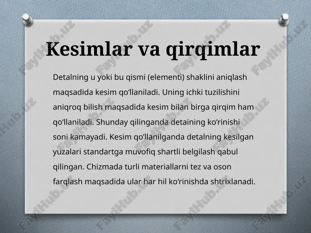i chizmada ko‘rsatilmaydi (2.3.9 - chizma, c). detaining qismidagi teshikni qirqib ko‘rsatish joiz boisa, kesuvchi tekislik izi uzuq chiziqlar bilan ko‘rsatiladi va qirqim a-a kabi belgilanadi (2.3.10-chizma ) kesuvchi tekislik izi uzuq chiziqlarni tasvirlash 2.3.11-chizmada berilgan, a harflar yo'nalishlarining detal konturiga nisbatan tashqi tomonlariga yoziladi. kesuvchi tekisliklarning proyeksiyalari tekisliklariga nisbatan egallagan vaziyatiga qarab qirqimlar uch xil: frontal, gorizontal va profil bo'ladi. bulardan tashqari, qo'shmcha tekisliklarda qiya qirqimlar ham bajariladi. ayrim hollarda mahalliy qirqimlar qo‘laniladi. diqqatingiz uchun raxmat image5.jpeg image6.jpeg image7.jpeg image8.jpeg image9.jpeg image10.jpeg image11.jpeg image3.jpeg image4.png /docprops/thumbnail.jpeg