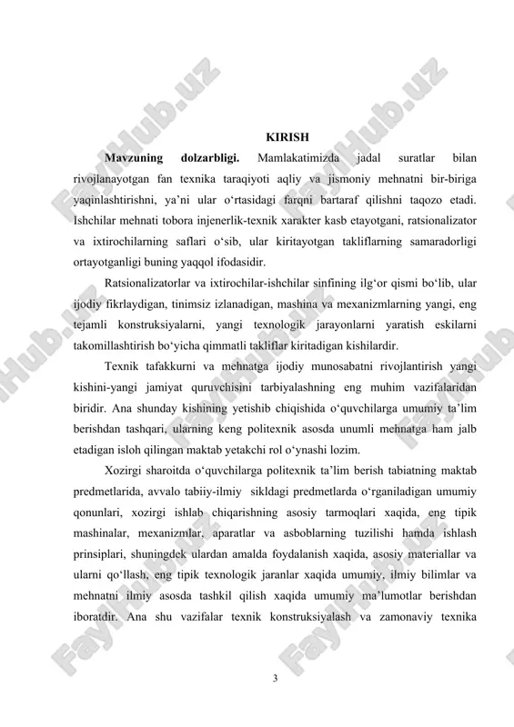 qiqiy obyekt) ning funksiyalarini ixcham holda bajariladigan bo‘lishi ham kerak. m: avtomobilning, trak5torning modeli ana shundaydir. maket-obyektning konstruksiyasini yaqqolroq tasavvur etish imkonini beradigan umumiy xajmli tasvirdir. m: binolar, inshootlar va x.z.larning maketlari shular jumlasiga kiradi. texnik konstruksiyalash va modellashtirish mashinalar hamda mexanizmlarni yaratish jarayoni bilan, shuningdek yuksak darajada rivojlangan zamonaviy ishlab chiqarishning eng ilg‘or yo‘nalishlari: ishlab chiqarishdagi standartlashtirish va unifikatsiyalash, mehnatni kooperativlash hamda ilmiy asosda tashkil etish bilan; detallarni tayorlash va buyumlarni yig‘ishning tipovoy hamda gruppavoy texnologiyasi bilan; materiallardan ratsional foydalanish bilan mufssalroq tanishish imkoniyatini yaratadi. kurs ishi maqsadi: avtomobil modelini loyihalash va modellashtirish mavzusini o'rganish va tadqiq etishdan iborat. kurs ishi vazifalari: 1.texnik loyihalash jarayonini o'rganish; 2.texnik loyihalash va modellashtirishning tashkiliy shakllarini o'rganish; 3.model va modellashtirishni o'rganish; 4.texnik loyihalash va modellashtirishning tashkiliy shakllarini o'rganish va tahlil etishdan iborat. kurs ishi ob’ekti: avtomobil modelini loyihalash va modellashtirish. kurs ishi predmeti: avtomobil modelini loyihalash va modellashtirish va modellashtirishning amaliy ahamiyati . …