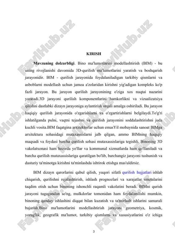 loyihalash va modellashtirish mavzusini o'rganish va tadqiq etishdan iborat. kurs ishi vazifalari: 1.binolarni me’moriy va rejaviy yechimlarini o'rganish; 2.bino barpo etishda arxitekturaviy loyihalashni o'rganish; 3.bino va uylarning arxitektura modellarini ishlab chiqarishni o'rganish; 4.qog'ozli uy modeli: diagrammalarni o'rganish va tahlil etishdan iborat kurs ishi ob’ekti: bino intererlarini loyihalash va modellashtirishni. kurs ishi predmeti: bino intererlarini loyihalash va modellashtirishning amaliy ahamiyati . kurs ishi tuzilishi: kirish, ikki bob(4ta paragraf), xulosa va foydalanilgan adabiyotlar ro’yxatidan iborat. i bob. binolarni rejaviy yechimlari binolarni loyihalash asoslari bino barpo etishda arxitekturaviy loyihalash 1.1.binolarni me’moriy va rejaviy yechimlari dunyoda odamlar paydo bo‘lgandan boshlab dastlab o‘ziga bosh pana, uy-joy, qurish bilan mashg‘ul bo‘lishgan. asrlar, ming yillar o‘tishi bilan er kurrasida odamlar tomonidan turli tuman binolar, inshootlar, yo‘llar, ko‘priklar suv havzalari bog‘ rog‘lar va boshqalar qurilgan, bunyod etilgan. ma’lumki, har qanday bino va inshootlarni qurish uchun dastlab uning loyihasi chiziladi.[footnoteref:1] bino va inshootlar arxitekturasi fani, bino va inshootlar ularning …