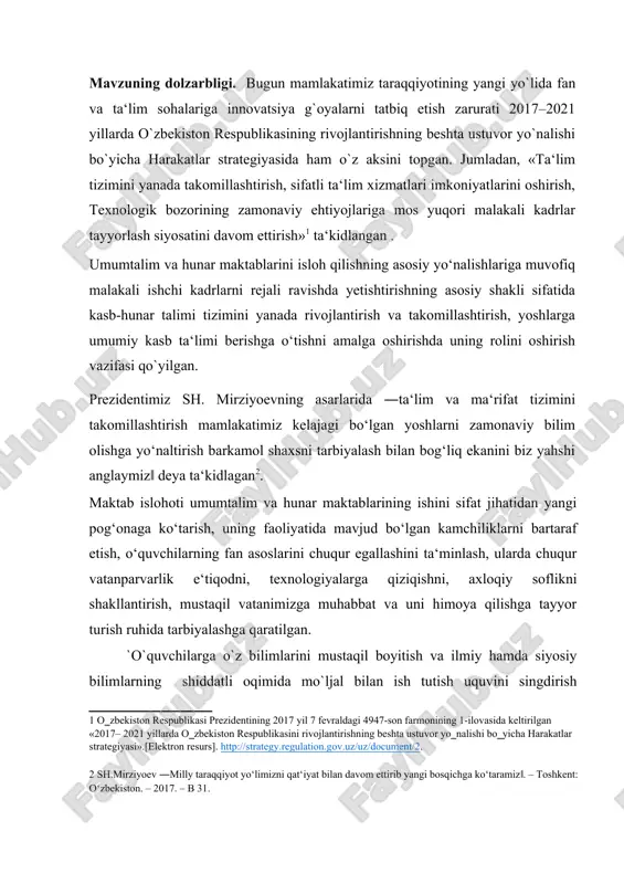 tajribalarini qidirish, o`rganish va ulardan ijodiy foydalanishdir. shu boisdan ishlab chiqarish faoliyati jarayonida bilimlarni to‘xtovsiz chuqurlashtirib borish bizning davrimizning eng muhim, ajralmas belgilaridan biri bo‘lib qoladi. talabalarga bilimlarning biror minimumini berishgina zarur bo`lib qolmasdan, balki ularga yangi qiyin muammolarni mustaqil hal etishga o`rgatish, haqiqiy novator bo`lish, mustaqil bilim olishga o`rgatish ham zarurdir. shu nuqtai nazardan ushbu o‘quv qo‘llanmada oliy ta‘lim muassasalarida taxsil olayotgan texnologiya ta‘limi yo‘nalishi talabalariga texnologiya va dizayn fanidan amaliy mashg‘ulotlarni o‘rganishda texnologiya va dizayn fanining maqsadi va vazifalari, texnologiya va dizayn tushunchasi, texnologiya va dizayn fanining nazariy asoslari, ishlab chiqarishda yangi texnika va ilg`or texnologiyalar bilan talabalarni tanishtirish, fan texnika taraqqiyotini jadallashtirish omillari va istiqbollari, ishlab chiqarishda buyumlar tayyorlashning funksionl vazifalari haqida talabalarni bilim, malaka va ko‗nikmalar bilan qurollanitirish hamda talabalarda texnologik kompetensiyalarni rivojlantirish, buyum turlari va tushunchalari, yog`och xomashyo tayyorlash to`g`risida asosiy tushunchalar, buyum yasash texnologiyasi va yasalgan buyumning sifati, ishlatilgan materialning xossalariga bog`liqligi, konstruksion material …