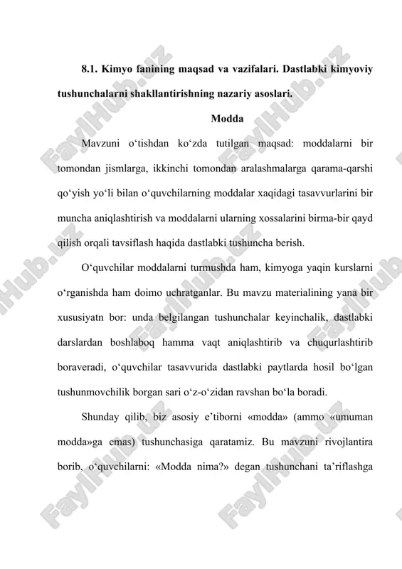 b oling. bu vazifa «kimyoviy diktant» shaklida yoki darslik bo‘yicha qilinadigan, mashq tarzida berilishi mumkin yoki o‘qituvchi bilan o‘quvchilar o‘rtasidagi dialogni bir qismi bir xil va qolgan qismi o‘quvchilar biladigan har xil materiallardan tayyorlangan buyumlar qolgan ma’ruzalarini namoyish qilish bilan boshlanishi ham mumkin. biz bularni turlicha guruhlarga ajratish bilan o‘quvchilar e’tiborini ularning nimaga ishlatilishi, shakli, katta-kichikligi va fizik jism sifatidagi boshqa belgilaridan uzoqlashtirib, asosan, diqqatni shu buyumlar qanday materiallardan tayyorlanganligiga jalb qilgan bo‘lamiz va ularning nomini: temir, mis, shisha... deb ataymiz ( nomlar doskaga yozib beriladi, o‘quvchilar esa daftarga ko‘chirib yozadilar). bundan keyin o‘qituvchining yetakchi savollari yordamida moddalar ro‘yxati to‘ldiriladi, masalan, biz chanqoqni qanday modda bilan qondiramiz, qanday modda bilan choyimizni shirin qilamiz; tirik organizm qanday moddalardan tarkib topgan (yog‘lar, oksidlar va hokazo); kuzatib turingchi, men nima qilyapman ( uchi cho‘g‘langan cho‘p kislorodli idishga tushiriladi); bankada qanday modda bor? mana bunisidachi (uchi cho‘g‘langan cho‘p karbonat angidridli idishga tushiriladi)? endi o‘zlariga …
