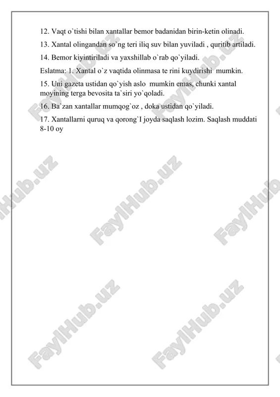 muolaja uchun og`zaki roziligini oling. 4.jarayon payitida bemorning his-tuyg`ularini tushuntiring. 5.bemorga muolaja uchun eng qulay holatni bering. 6.terining butunligini va yaxlitligini tekshiring, agar kerak bo`lsa terini spirt bilan artish yoki sovun bilan yuvish kerak. 7. ta`sir qilinadigan joyning o`lchamiga va shakliga mos keladigan gidrofil qistirmalarni tayyorlang, ularni namlang va iliq suvda siqib oling. 8. bemorning tanasiga ta`sirlangan a`zoning uchliklariga iliq chontakchalarni qo`llang. 9. qurilmadagi mos keladigan sigma oqim o`tkazadigan sim bilan ulangan gidrofil qistrmaning ustiga qo`rg`oshin plastinkasini joylashtiring. 10. qum sumkasi yoki kauchuk bandaj bilan mahkamlang. 11. ushbu texnikaning joriy kuchini hiusoblang. 12. qurilmani tarmoqqa ulang ( signal chiroqchasi yonishi kerak ) 13. shift tugmachasini 5 yoki 50 ga o`zgartiring( 5- “ bosh va bolalarda , 50 – kattalarda “ boyin va pastki “ ). 14. hozirgi regulyatorni sekin va silliq aylantiring , oqim kuchini kerakli qiymatga oshoring , bu formulada hisoblab chiqiladi: oqim zichligini gidrofil qistirmasi maydoniga ko`paytiring . …