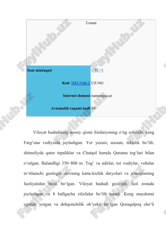 koʻngʻir tuproqlar, qadimdan dehqonchilik qilib kelingnidan tabiiy holati oʻzgargan va unumdorligi oshirilgan. kosonsoyda tipik va qoramtir boʻz tuproq, namangan, uchqoʻrgʻon, chust tumanlarida och boʻz tuproq tarqalgan. tekislik qismining ekin ekilmaydigan yerlarida shoʻra, shuvoq, lola, otquloq, sirdaryo boʻylarida betaga, astragal va boshqa oʻsadi. togʻlarda archazorlar, yovvoyi olcha, olma va yongʻoqzorlar uchraydi. togʻlarning baland qismi subalp oʻtloqlari – yozgi yaylovlardan iborat. namangan viloyatida deyarli oʻrmon yoʻq. namangan mevali oʻrmon koʻchatzori va namangan oʻrmon koʻchatzori mavjud. choʻl va adirlar oʻzlashtirilib yuborilgandan boʻri, tulki, qobon, yumronqoziq kam uchraydi. togʻlarda togʻ takasi, sugʻur bor. adirlarda kalamush, dala sichqoni, echkemar, tipratikan, choʻl toshbaqasi, turli xil ilon va kaltakesak koʻp. qushlardan burgut, kaklik va boshqa bor. qorabovur, yovvoyi oʻrdak va boshqa ovlanadi. daryo, soy va boshqa suv havzalarida har xil baliq yashaydi, ondatra keng tarqalgan. pochchaotasoy, gʻovasoyda qunduz ham uchraydi. namangan viloyati xududining intensiv oʻzlashtirilishi oqibatida sudralib yuruvchilar, qushlar, sut emizuvchilar, baliklarning koʻp turlari kamayib bormoqda. a …