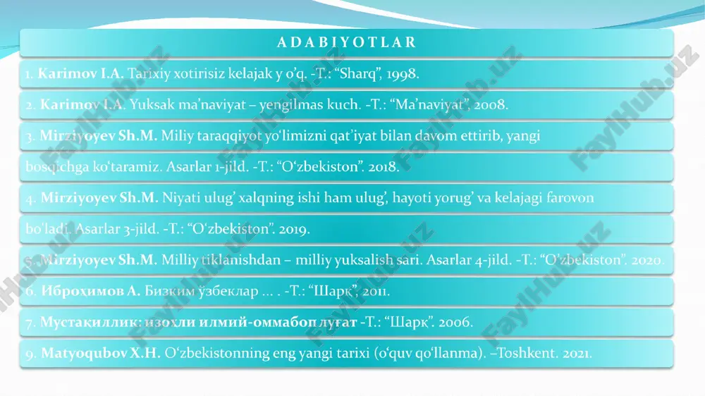 idagi yettita asosiy davrni taklif qiladilar: 1. ibtidoiy to’da davri 1 mln. - 40 ming yilliklar orasi 2. urug’chilik jamoasi va mulk egaligining shakllanishi davri 40 ming yillikdan - milodiy iii-iv asrlargacha 3. ilk o’rta asrlar davri milodiy iii-iv asrlardan to ix asr boshlarigacha 4. o’rta asrlar davri ix asr boshlaridan to xix asrning o’rtalarigacha 5. mustamlakachilik va milliy uyg’onish davri xix asr o’rtalaridan - 1917 yilgacha 6. sovetlar (sho’ro) davri 1917-1991 yillar 7. milliy istiqlol davri. 1991-2022 yillar o‘zbekiston respublikasining mustaqillik yillarida bosib o‘tgan yo‘lining mazmun-mohiyati va xususiyatlarini ob’yektiv baholagan holda mustaqillik davrini quyidagi ikki bosqichga bo‘lib o‘rganish maqsadga muvofiq bo‘ldi: 1) 1991–2016-yillar. bu davrda milliy davlatchilik asoslari va ijtimoiy yo‘naltirilgan bozor iqtisodiyotini yuzaga keltirishga qaratilgan o‘tish davrining dastlabki islohotlar amalga oshirildi 2) 2017-yildan keyingi yillar. bu davr tarixi 2016-yil dekabr oyida saylangan o‘zbekiston prezidenti shavkat mirziyoyevning strategik taraqqiyotga asoslangan keng ko‘lamli islohotlar davri hisoblanadi. 1998- uzbekiston tarixchilarining maxsus …