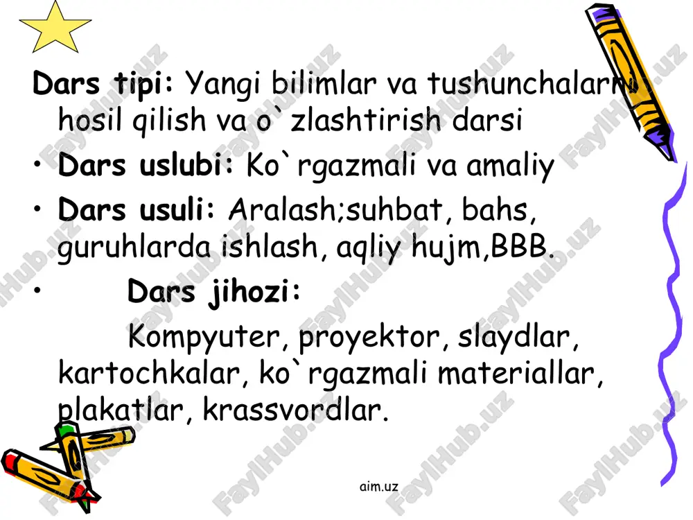 suvni 0°c dan +4°c gacha isitilganda ham zichlik ortadi va +4°c da suv o'zining maksimal zichligiga ega boiadi va bu 1 kg/m3 ni yoki 1 glml ni tashkil etadi. suvning yana bir xossasi uning yuqori issiqlik sig'imiga (4,18 j/k(g) egaligi (solishtirish uchun qum — 0,79; ohaktosh — 0,88; osh tuzi — 0,88; glitserin — 2,43; etil spirti — 2,85). shuning uchun suvning tungi vaqtlarda yoki yozdan qishki mavsumga o'tishda sekin sovushi; kunduzi yoki qishdan yozgi mavsumga o'tishda sekin isishi kuzatiladi.suv 0°c da muzlaydi (shu haroratda muz eriy boshlaydi), 100°c da qaynaydi va bug' holatiga o'tadi. suvning fizik xossalari aim.uz aim.uz aim.uz xossalari h2o d2o molekulyar massasi 18 20 zichligi g/sm3 0.9968 1.1042 muzlash temperaturasi 0 3.81 qaynash temperaturasi 100 101.43 aim.uz suvning kimyoviy xossalari suv molekulalari qizdirishga juda chidamli, lekin 1000°c dan yuqori haroratda suv bug'lari vodorod va kislorodga parchalana boshlaydi: 2h2o = 2h2 + o2. faol metallar suv bilan …