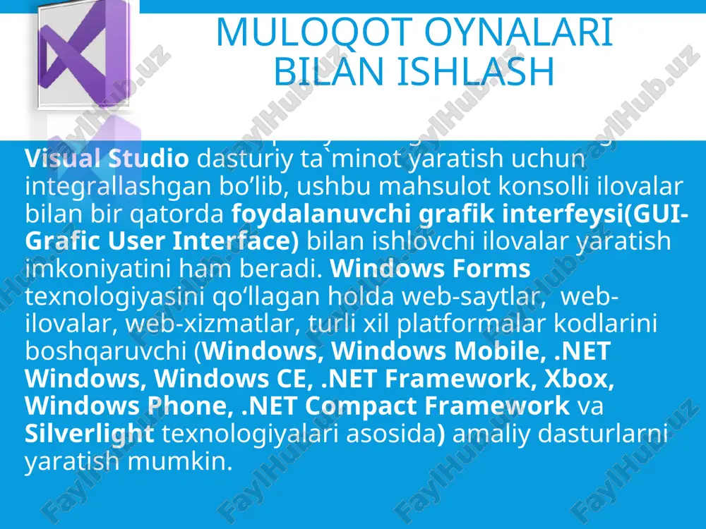 lbox bo’limidan kerakli komponentalarni tanlab shu formaga olib kelib joylashtiramiz; 3- bizning loyihamiz(faktorial) fayllari saqlanadigan loyiha papkasi: 4 - myform.h fayli bizning asosiy formamizda ishlatiladigan komponentalar uchun metodlar va boshqa shunga o’xshash konstruktor kodlar saqlanadigan fayl. 5- myform.cpp manba kodi saqlanadigan fayl(agar siz forma nomini o'zgartirsangiz, fayl boshqa nomga ega bo'ladi). bizning ui ilovalarimiz ishlashi uchun bu fayl kodini quyidagi tartibda tahrirlashimiz zarur: myform.cpp manba kodi saqlanadigan faylni tahrirlash 1 2 3 4 5 6 7 8 9 10 11 using namespace system; using namespace system::windows::forms; [stathread] void main(array ^ arg) { application::enablevisualstyles(); application::setcompatibletextrenderingdefault(false); faktorial::myform form; // bu yerda faktorial bizning loyihamiz nomi application::run(%form); } visual studiodagi loyiha sozlamalarini sozlash o'zgarishlarni faylda saqlaymiz(ctrl+s). endi visual studiodagi loyihamizning bir qator sozlamalarini sozlashni boshlaymiz. "solution explorer" bo’limidagi loyihamiz nomining ustiga sichqoncha o'ng tugmasini bosamiz va “properties(xususiyatlar)" tugmasini bosamiz yoki darhol alt + enter tugmachalarini baravar bosamiz. visual studiodagi loyiha sozlamalarini sozlash visual …
