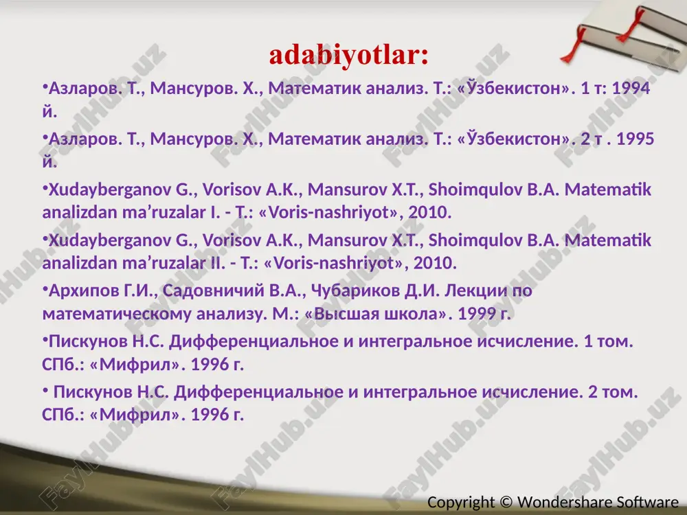 a`ni ф'(x)=f(x) yoki )()( xfduuf x a           bo`ladi. x ga  x ortirma bersak ф(x)=  x a duuf)( ortirma oladi.  ф(x)=ф(x+  x)-ф(x)= =    xx x x a xx x x a x a xx a duufduufduufduufduufduuf )()()()()()(  ф(x)=  xx x duuf .)( o`rta qiymat haqidagi teoremani tatbiq qilsak       xx x xxtxxtfduuf bo`lib,  ф(x)=f(t)  x bo`ladi. hosilaning ta`rifiga ko`ra ф`(x)= )()(lim limlim 0 )()( 00 xftf x x xtf x xф xx          chunki 0x da xxx  demak x<t<x+  x bo`lgani uchun 0x da xt bo’lishi ravshan. shunday qilib ф`(x)=f(x) x=a desak   a a afccduufaf )()()( n’yuton-leybnis formulasi ф'(x)=f(x) ⇒ f'(x)=f(x) ⇒ f(x)=ф(x)+с quyidagi integrallarni hisoblang 1 dxx)52( 3 1 2   …
