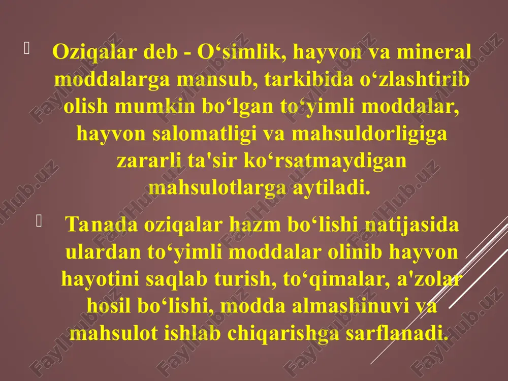 g oziqada 0,6 oz. birligidan ko‘p konsentrat oziqalarga bo‘linadi. olinish manbasiga qarab o‘simlik, hayvonot, mineral va kimyoviy sintez bo‘lgan oziqalarga bo‘linadi. o‘simlik oziqalariga: hamma turdagi ko‘k oziqalar va ulardan konservatsiyalash natijasida tayyorlangan (pichan, silos, senaj, o‘t talqoni va maydalangan pichan); dehqonchilik (somon, poxol,); ildiz va tuganak mevalar va sabzavot chiqindilari; oziqa polizi; don va yog‘li ekinlar urug‘i; un, yog‘, konserva, pivo, spirt, qand sanoati chiqindilari. hayvonot dunyosidan olinadigan oziqalariga: sut va sut mahsulotlari, go‘sht va baliq sanoati chiqindilari, parrandachilik va inkubator, pillachilik va charm sanoati chiqindilari kiradi. omuxta yem sanoati: hayvonot, mikrob, kimyo sanoati mahsulotlari asosida parranda va cho‘chqalar uchun to‘la qiymatli omuxta yemlar ishlab chiqaradi. qishloq xo‘jalik hayvonlarini oziqlantirish turli xil oziqalardan foydalanib amalga oshiriladi. ular o‘zlarining kelib chiqishi va tarkibiga qarab quyidagi guruhlarga bo‘linadi. shirali oziqalar. dag‘al oziqalar. don oziqalar. sanoat chiqindilari (kraxmal, un, spirt, yog‘ sanoati). oziq-ovqat chiqindilari. hayvonot dunyosidan olingan oziqalar. proteinli va boshqa qo‘shimchalar. vitaminli …