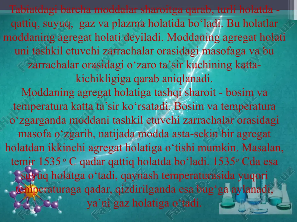 ma’lum tipi muvofiq keladi. bu panjaralarning har biriga kristallik qattiq jismlarning quyidagi tipi muvofiq keladi. molekulyar kristall panjarali moddalarda kristall panjara tugunlarida neytral molekulalar bo‘ladi. agar molekulalar qutblangan bo‘lsa, ular bir-biriga qarama-qarshi zaryadlangan qutblar bilan yondoshib turadi. molekulalar qutblanmagan bo‘lganida ham ular muayyan tartibda joylashgan bo‘ladi. molekulalarning bunday joylashuvini qutichaga to‘ldirib qo‘yilgan stol tennisi sharchalarining joylashuviga o‘xshatish mumkin. bunday kristall panjarada molekulalar o‘zaro van-der-vals kuchlari tufayligina tortishib turadi. shu sababli molekulyar panjara ancha bo‘sh va unda molekulalar o‘z xossalarini saqlab qolgan bo‘ladi. azot, vodorod, kislorod kabi gazlar past temperaturadan qattiq holatga o‘tganida molekulyar kristall panjara hosil qiladi. oson suyuqlanadigan ko‘pchilik organik moddalar kristallari ham molekulyar panjarali bo‘ladi. kristall panjaraning ikkinchi tipi ionli kristall panjaradir. ionli kristall panjara ionlardan tarkib topgan bo‘ladi. masalan, natriy xlorid (osh tuzi) kristall panjarasini olib ko‘raylik. unda har qaysi natriy ionli oltita xlor ioni bilan, har bir ioni esa oltita natriy ioni bilan qurshab olingan. natriy …