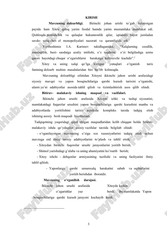 chi fuqorolar urushi va uning oqibatlarini yoritib berdi; · shimol yurishidagi, xitoy xalqi g’alabasini tarixiy axamiyati ochib beradi; · xitoy ishchi dehqonlar armiyasining tuzilishi va uning faoliyati masalalari izchil tahlil qilindi; · yapon bosqinchilarining xitoyga qarshi qurolli hujumi va uni natijalari yoritib berildi; · yaponiyaga qarshi umumxalq harakatining tarixiy ahamiyati ochib berildi. bitiruv - malakaviy ishning tadqiqot qismi va xulosa qismida keltirilgan malumotlardan umumiy o’rta ta’lim maktablari, akademik litseylar, o’rta maxsus kasb - hunar kollejlarida tarix fani darslarida o’lka tarixini o’rganishda foydalanish mumkin. ishning aprabasiyasi. bitiruv - malakaviy ish qarshi davlat universiteti tarix fakul’teti ”jahon tarixi va arxeologiya” kafedrasi qoshidagi ”yosh tarixchi” to’garagida ma’ruza qilingan va kafedra yig’ilishlarida muhokamadan o’tgan. bitiruv malakaviy ishning to’zilishi. ish kirish ikki bob, to’rt fasl, xulosa, adabiyotlar ro’yhatadan iborat. 3 г.a. хидоятов, х.г. гуломов. всемирная история. навейший период. т. 1999г. z.r. nuriddinov. osiyo va afrika mamlakatlarining yangi va eng yangi tarixi. t. 1982-y. в.а. радкевич. …